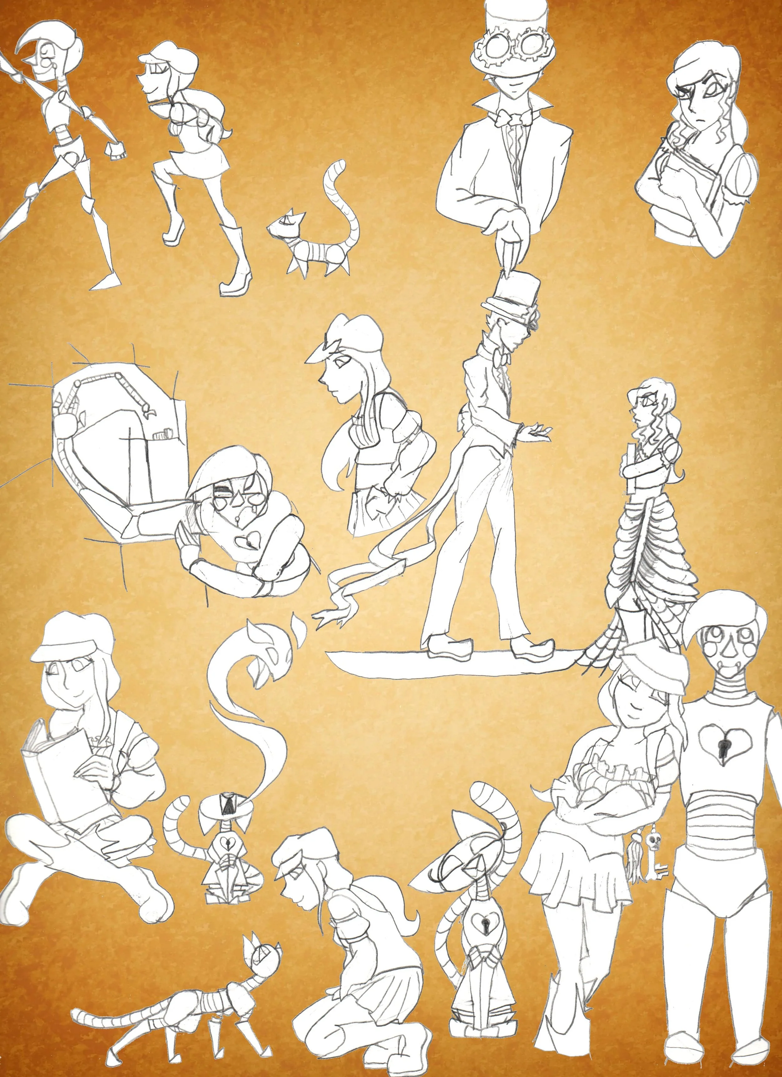 A collection of black and white sketches of various characters and creatures, including humans, animals, and fantastical beings, arranged on a warm textured orange background.