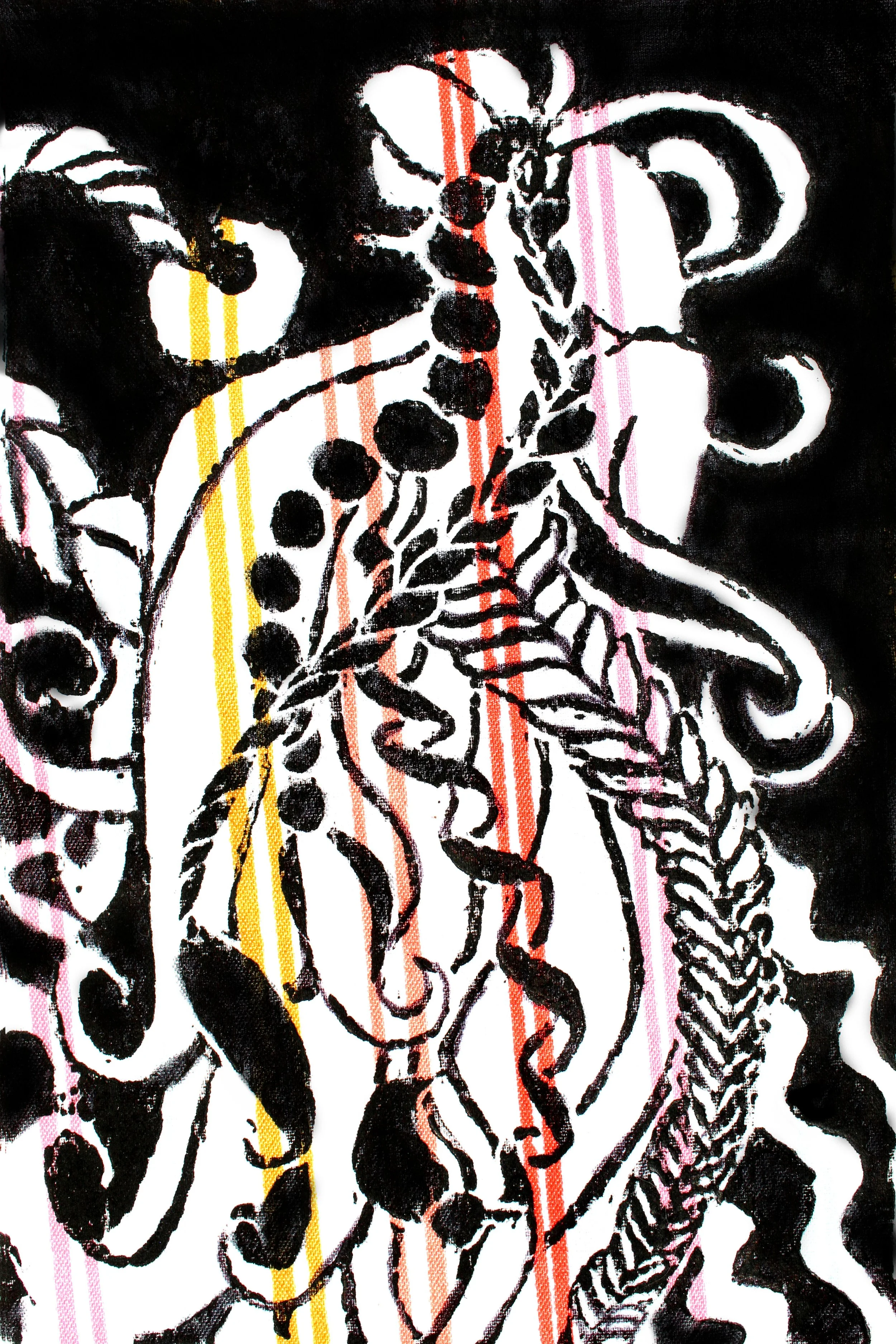Black and white abstract drawing of a ram's head with intricate line details and colored vertical stripes in yellow, orange, and pink background.