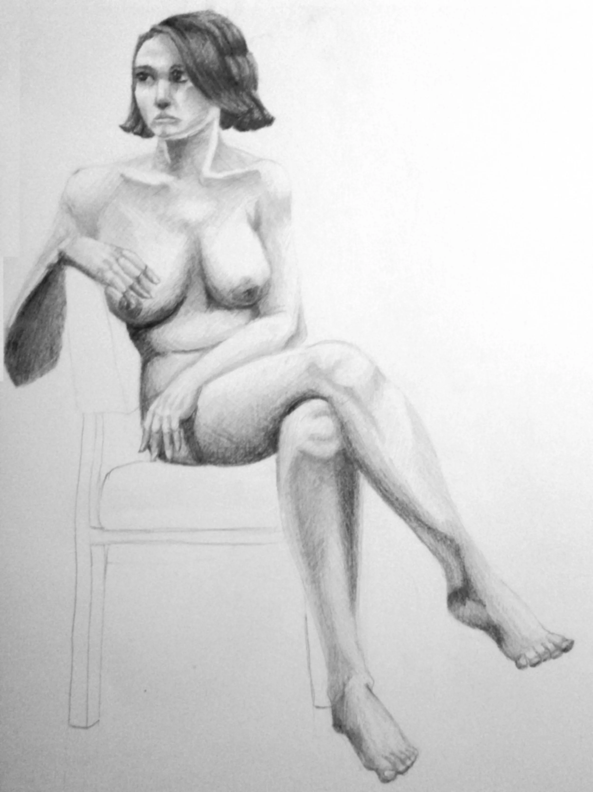 Sketch of a seated woman with short dark hair, nude, with one hand on her thigh and the other on a stool, in art style.