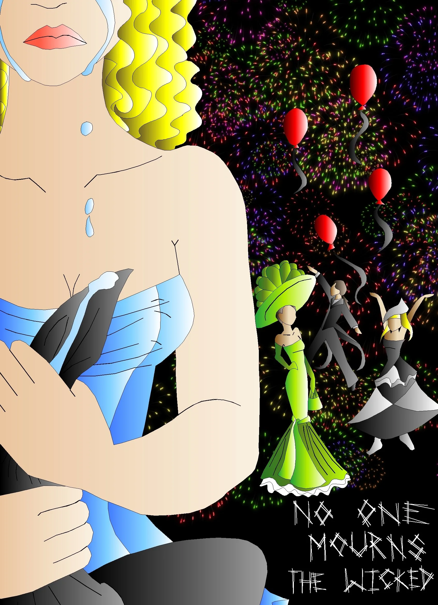 A stylized illustration features a woman with blond curly hair and red lipstick, holding a microphone. She is wearing a blue and black dress and large blue earrings, with rain droplets on her skin. In the background, colorful fireworks light up the d