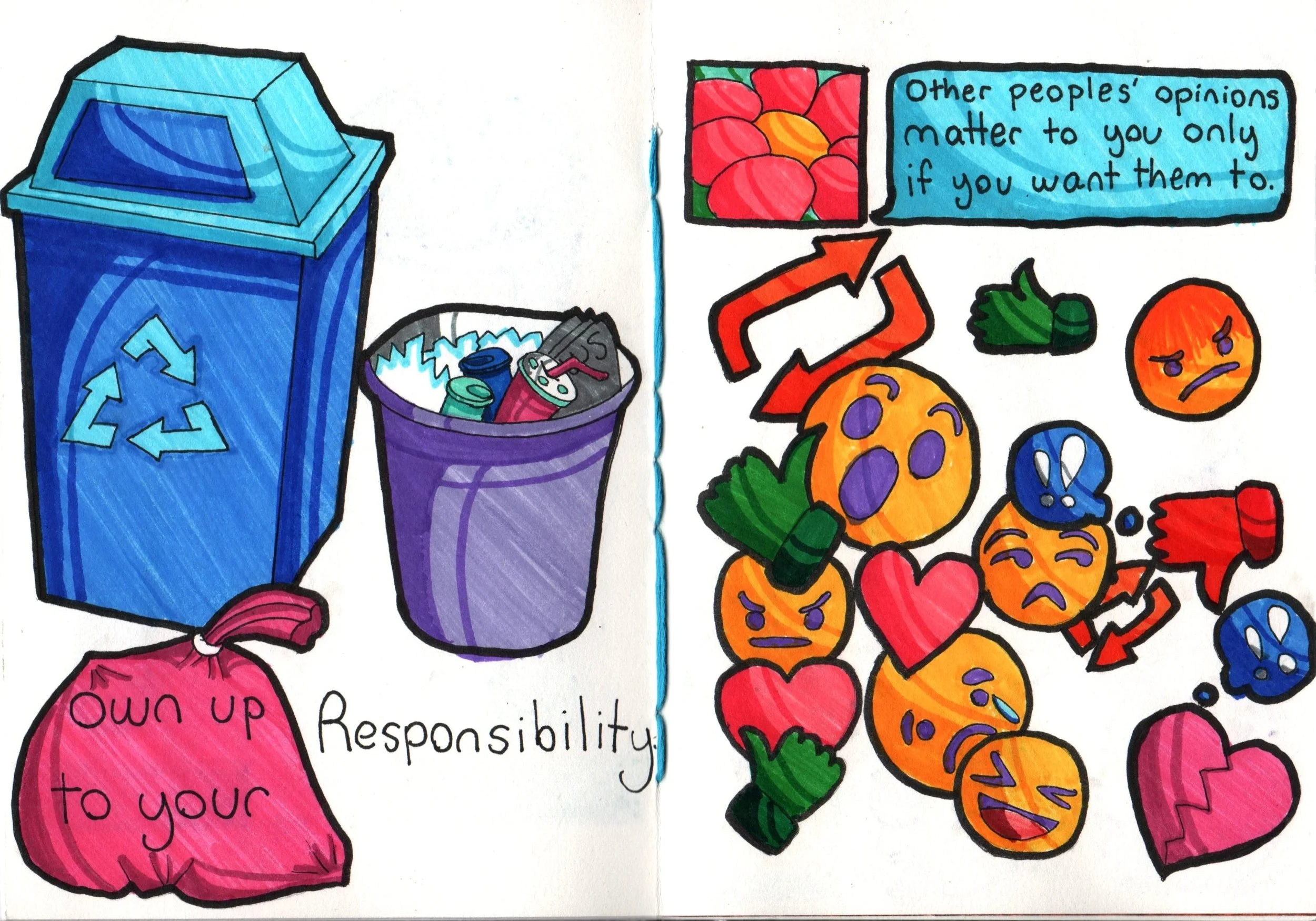 Colorful drawing with recycling bin, trash can, and various food items, along with text emphasizing responsibility and personal opinions.