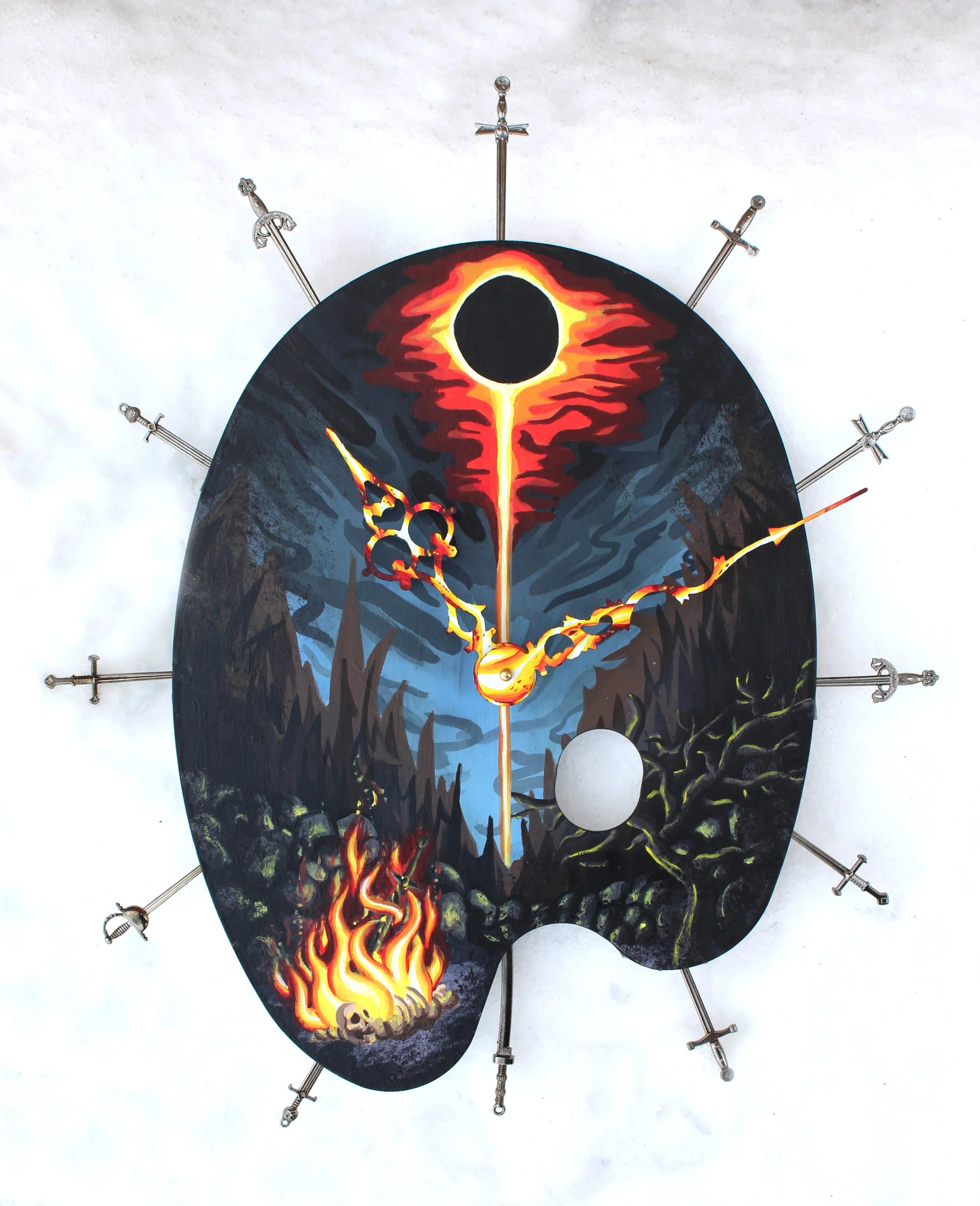 A decorative wall clock with a painted illustration of a volcano eruption, featuring a black hole at the volcano's crater, fiery lava, and dark mountain landscape, with metal clock hands and hour markers.