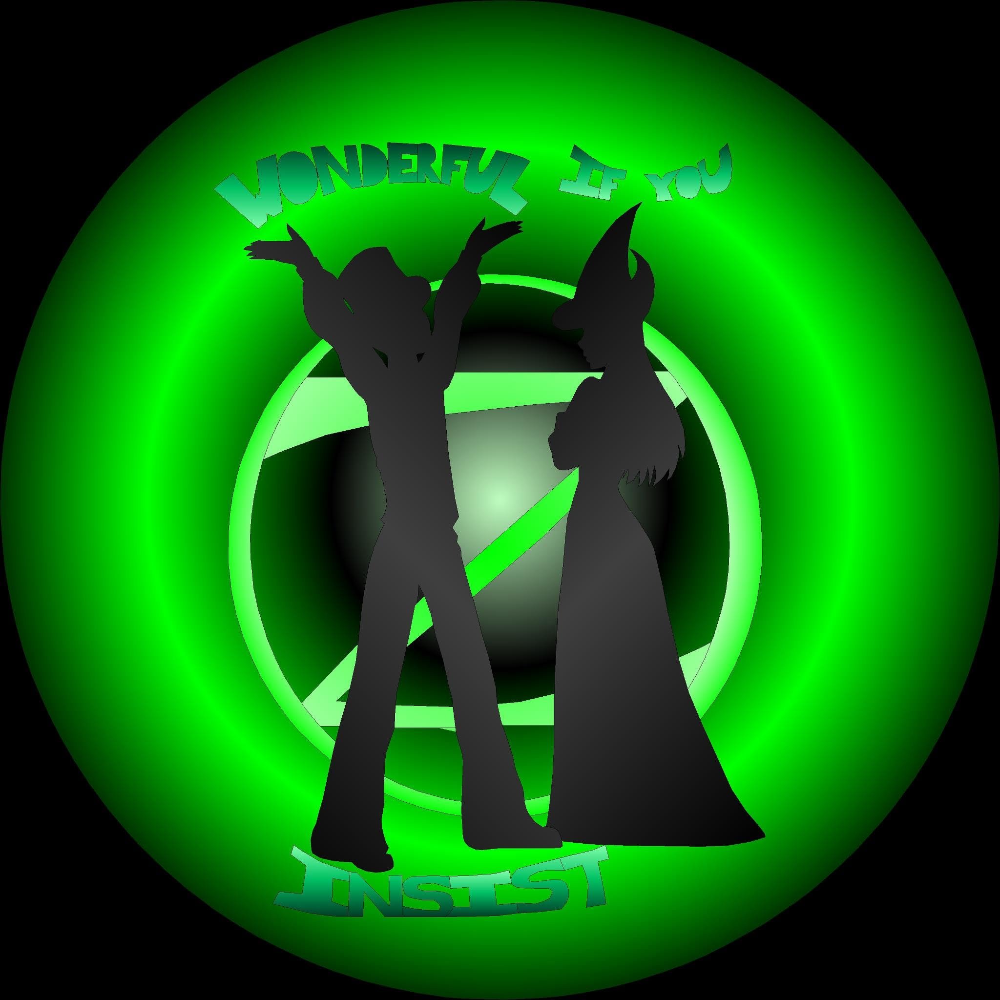 Silhouette of two people celebrating with raised hands inside a green sphere with the words 'WONDERFUL IF YOU' and 'TEST' visible.