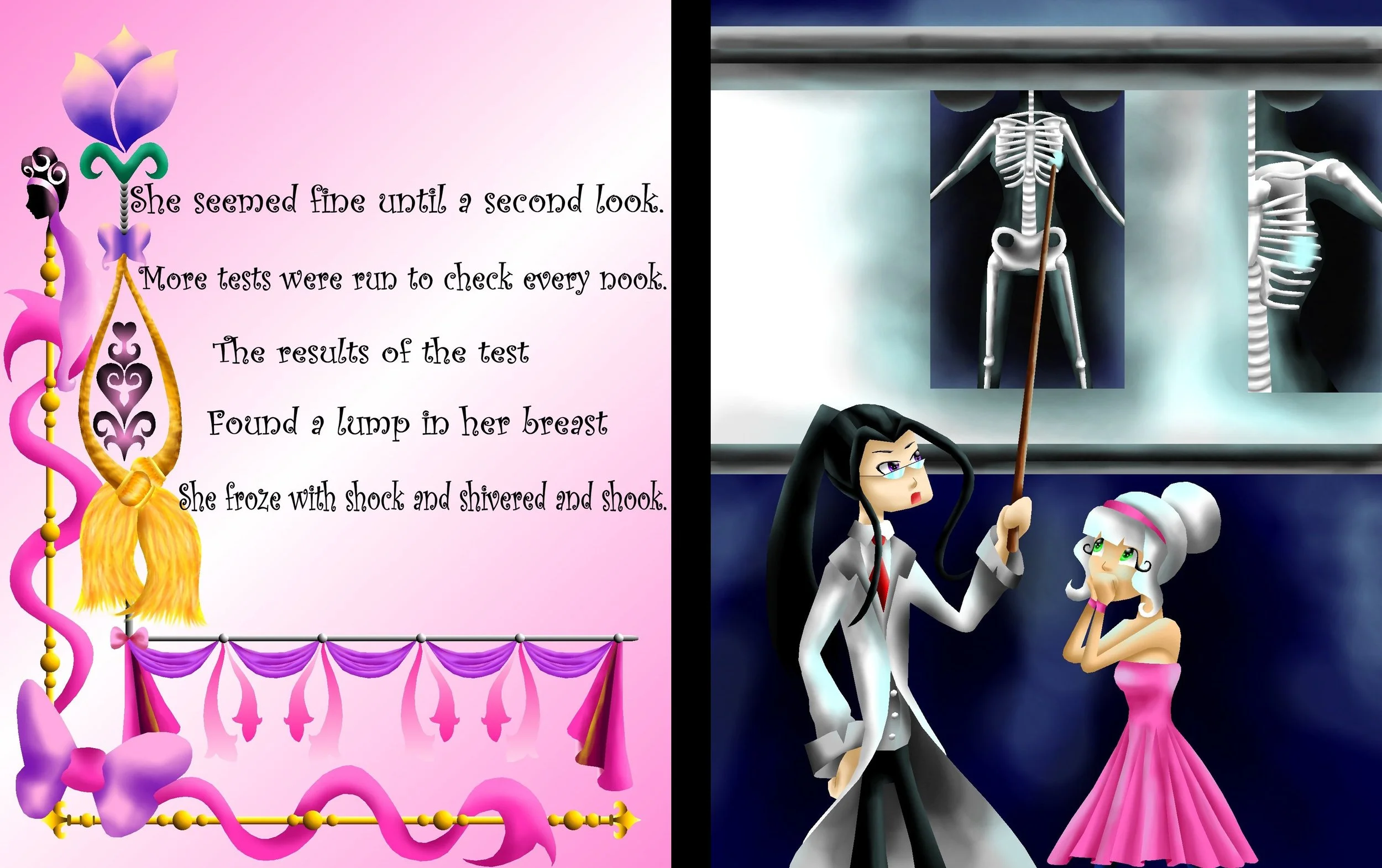A split screen with text on the left and animated characters on the right. The text reads: "She seemed fine until a second look. More tests were run to check every nook. The results of the test found a lump in her breast. She froze with shock and shi