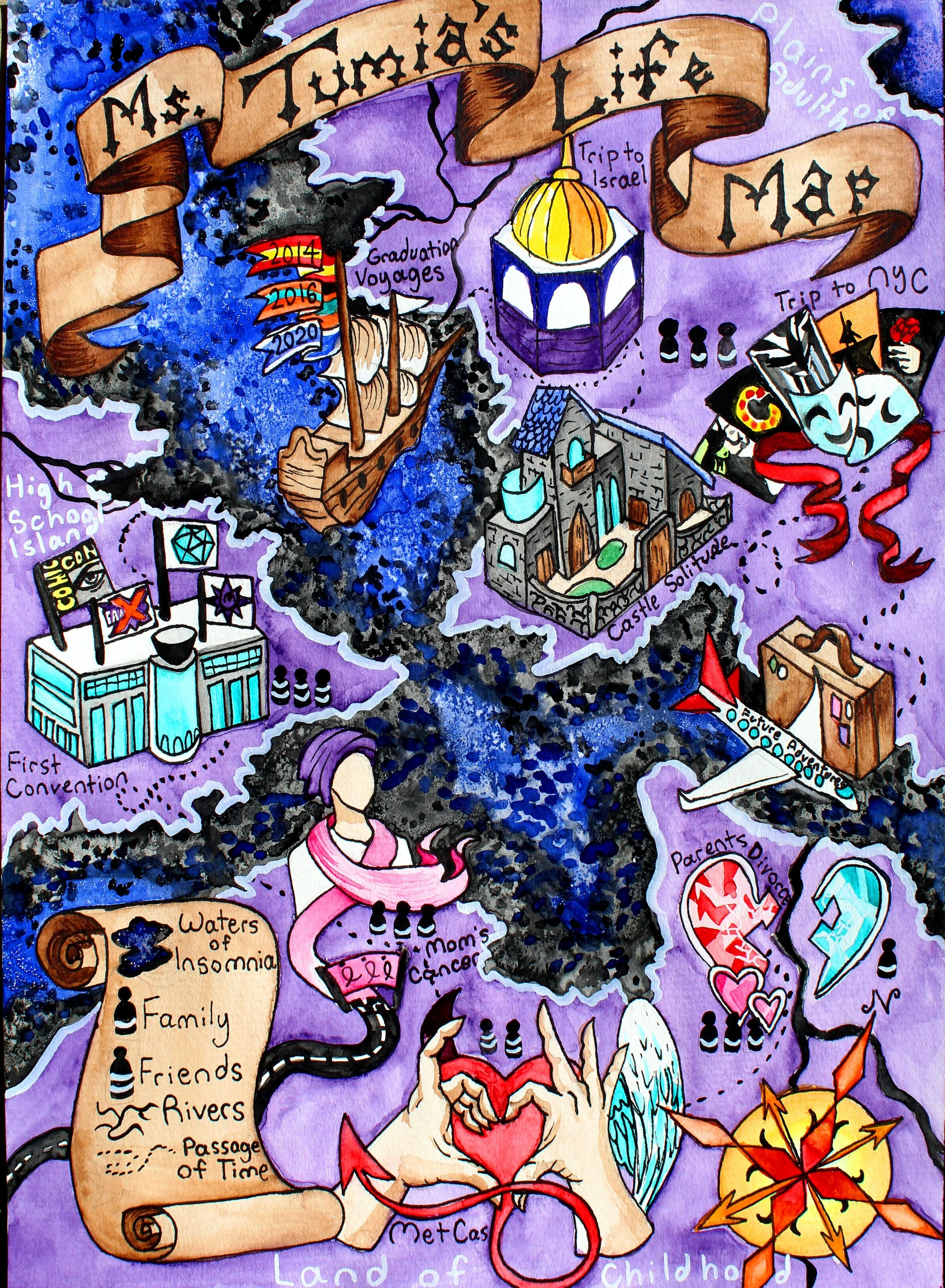 A colorful illustrated map titled 'Ms. Tudies Land of Childhood,' featuring a ship labeled 'Graduation Voyages,' a library, a castle, a convention center, and various landmarks representing childhood memories, trips, and family moments, with a young 