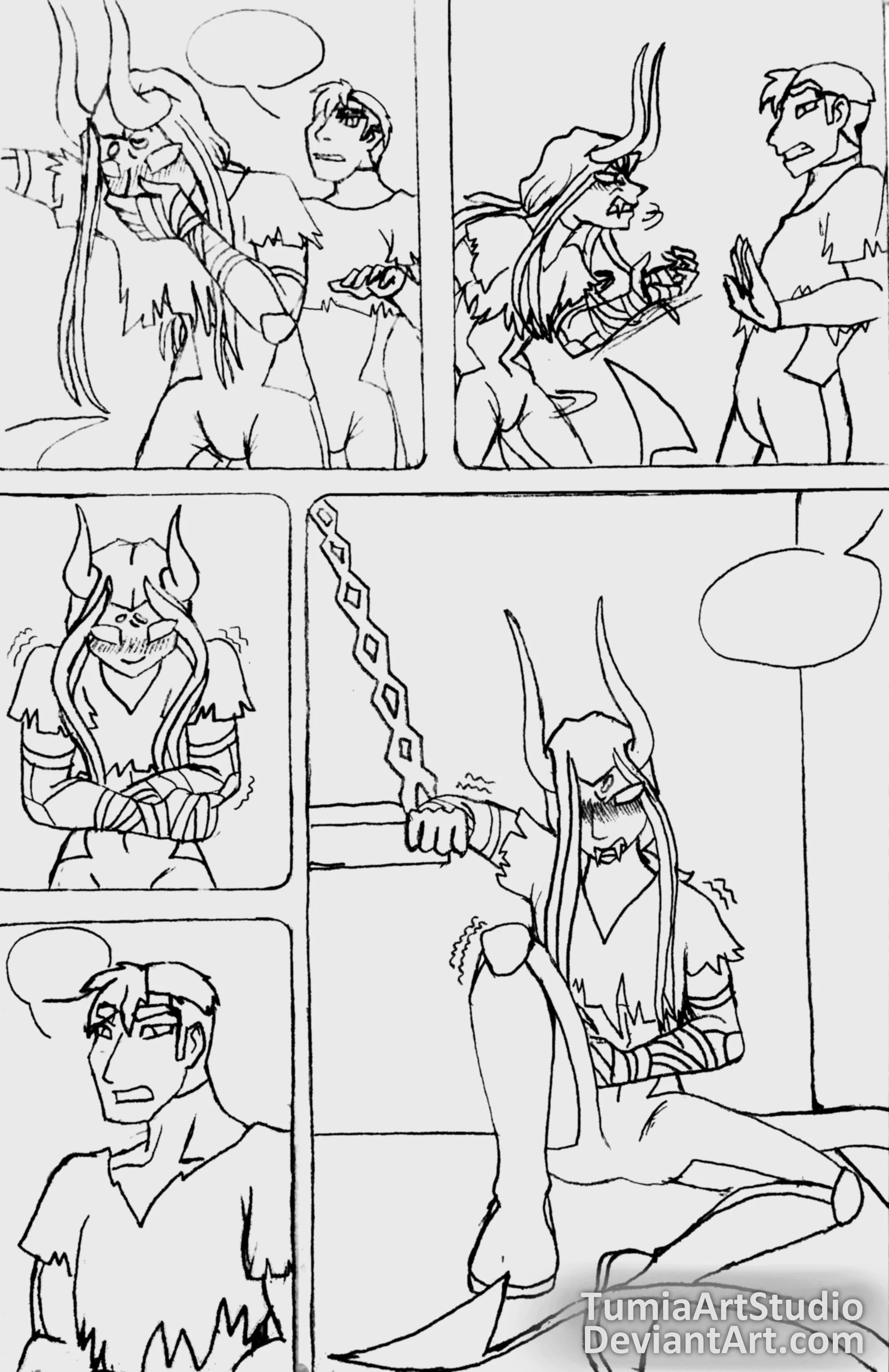 Comic strip featuring a human male and a demon-like creature having a conversation. The demon has horns and long hair, while the male has short hair and glasses. The demon appears angry or upset, and the male seems to be explaining or convincing.