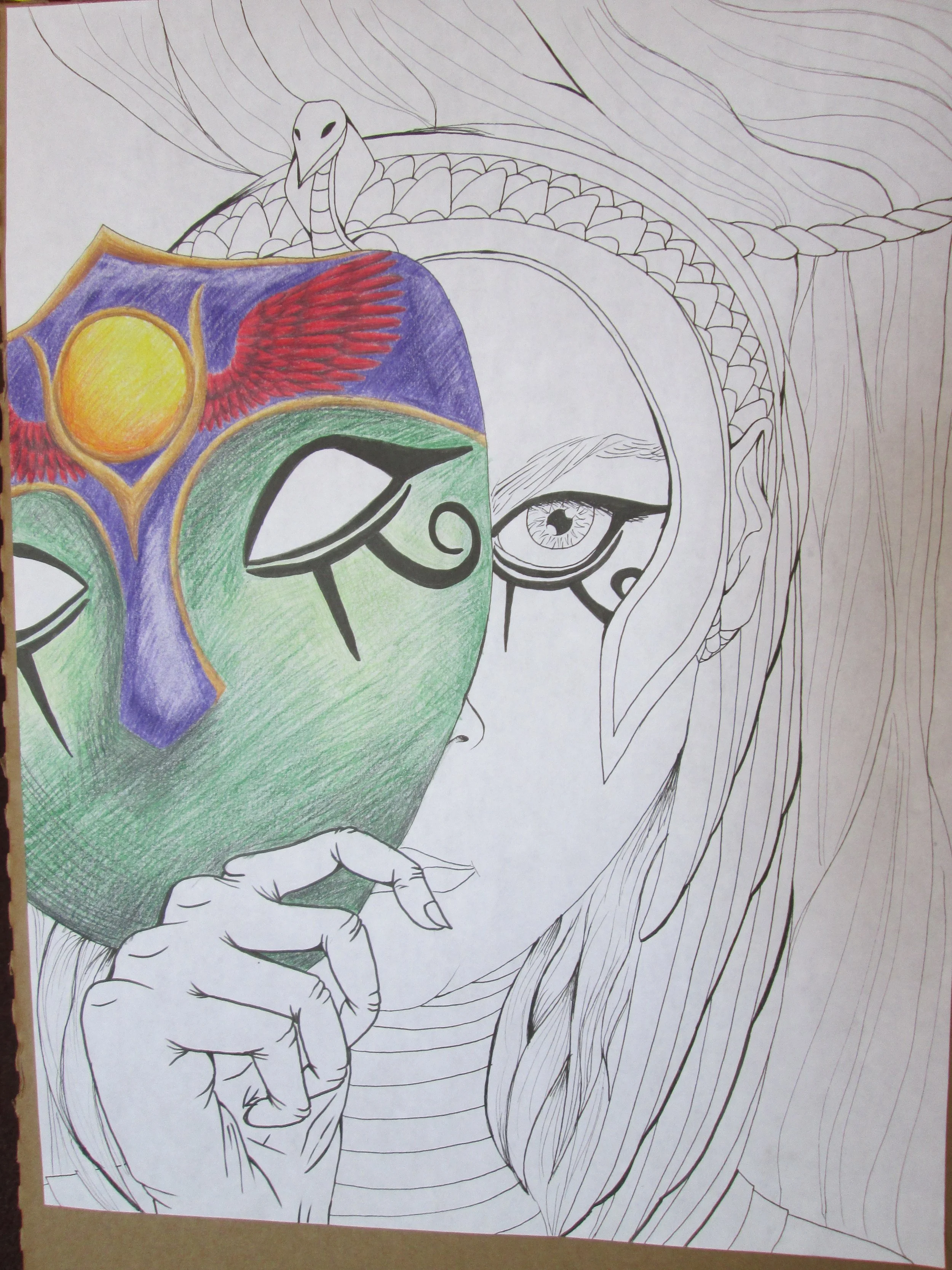 A partially colored drawing of a woman with long flowing hair and glasses holding a colorful mask towards her face.