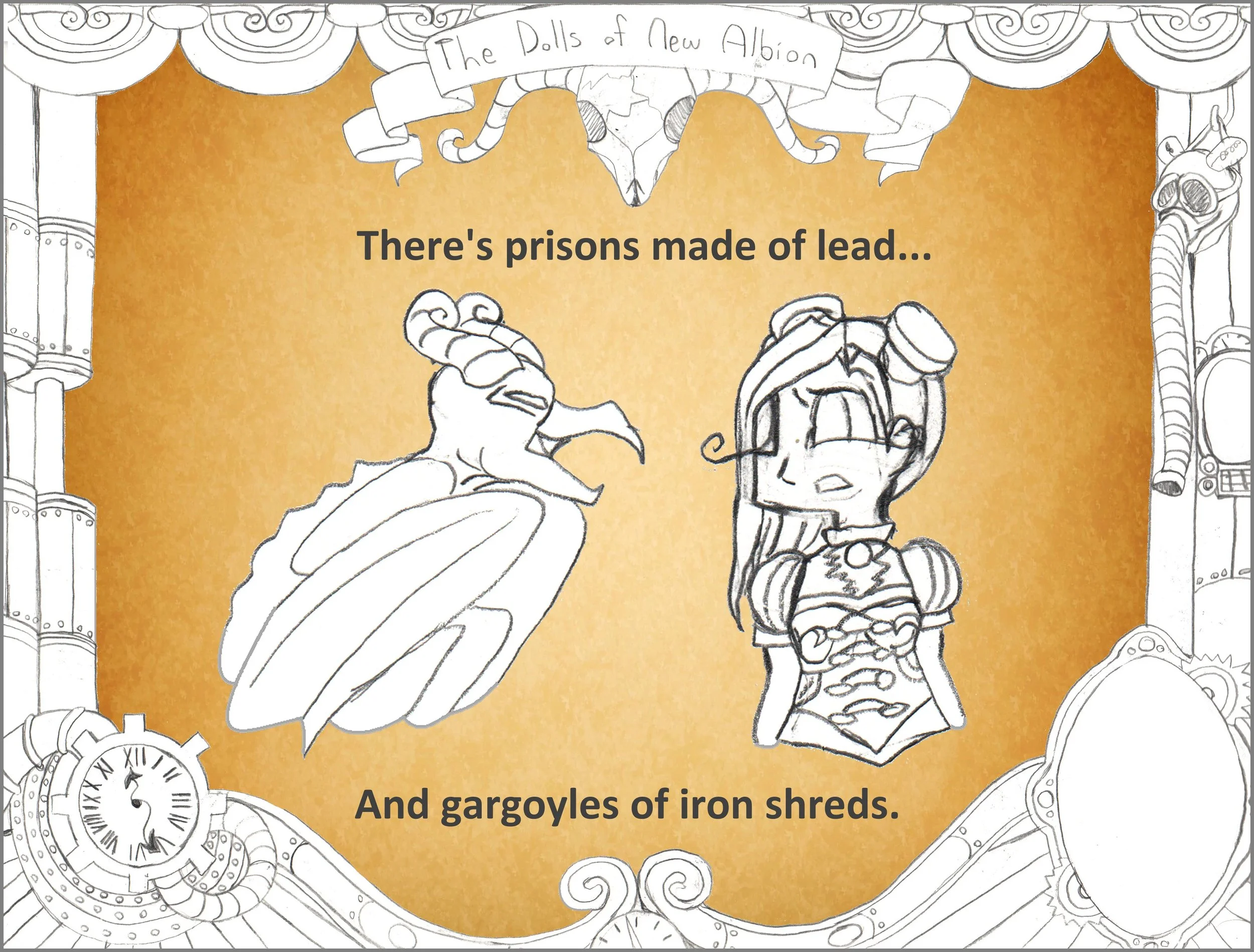 Black-and-white illustration with a background of orange, featuring a skull of a horned animal, a fierce bird, and a crowned warrior with armor. The scene is surrounded by clocks, gears, and machinery, with some handwritten text reading 'The Dolls of