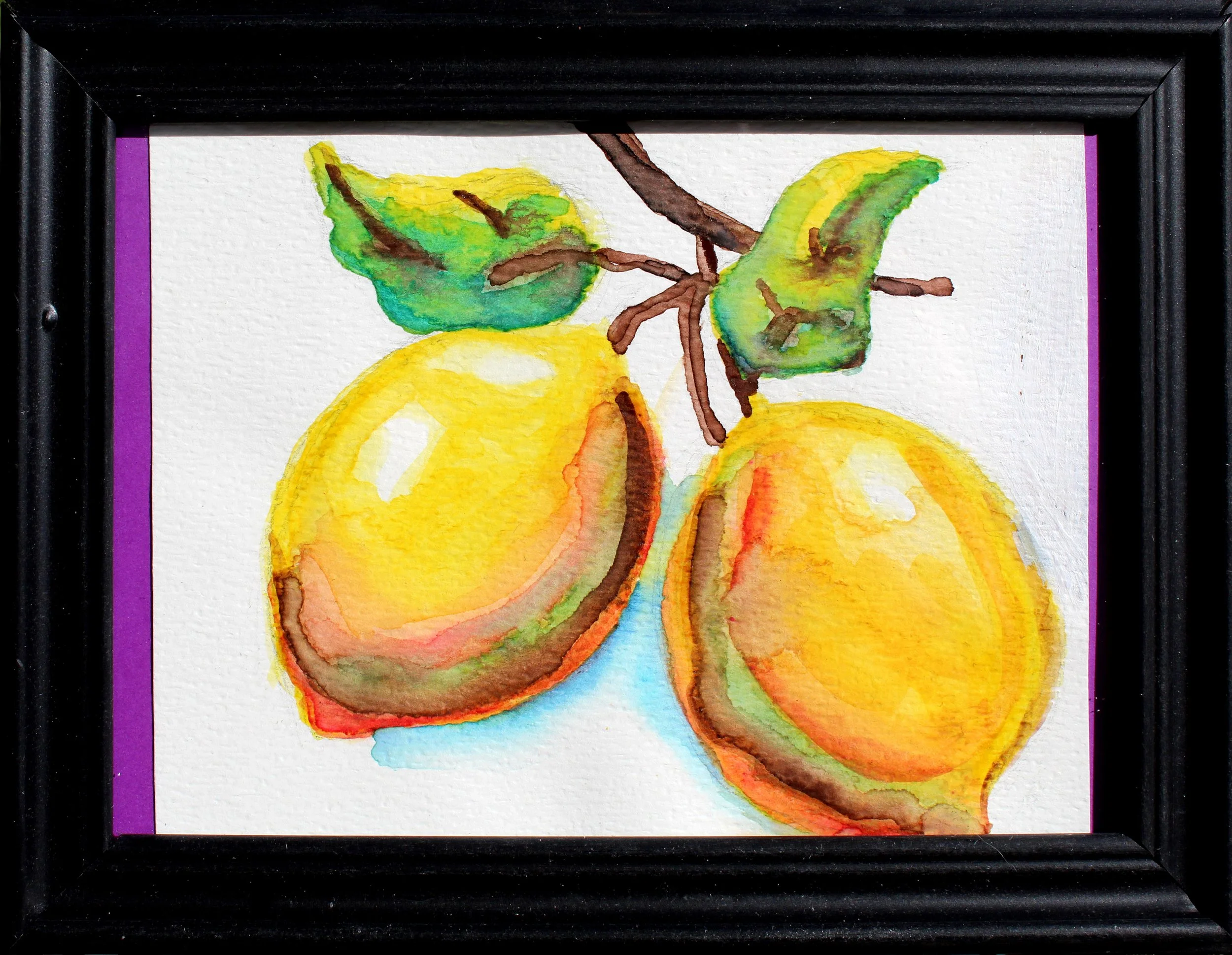 Watercolor painting of three yellow pears with green and brown leaves and a brown stem, framed in black with purple border.