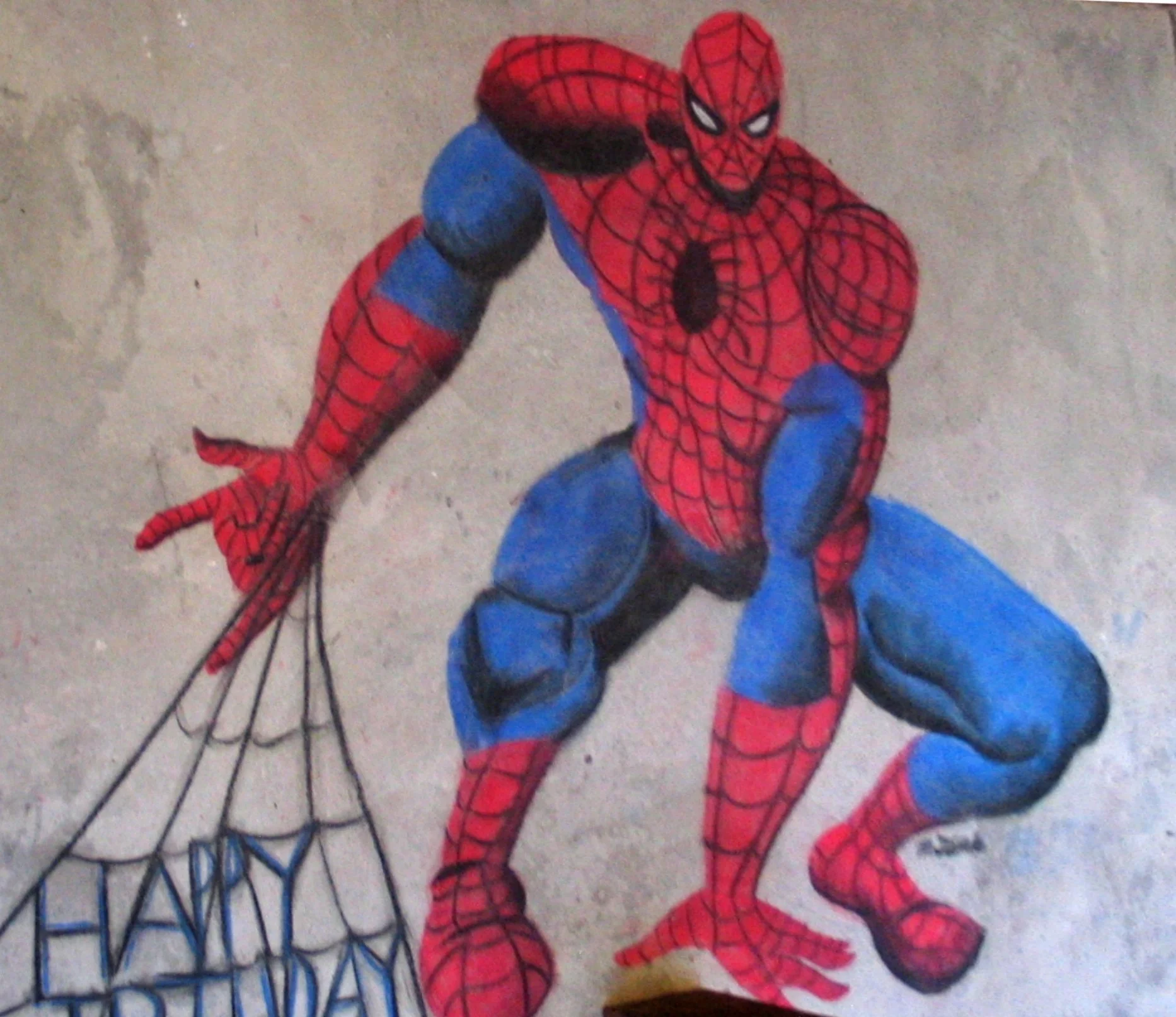 Colorful drawing of Spider-Man in a crouching pose, with legs bent and one arm outstretched, on a beige background.