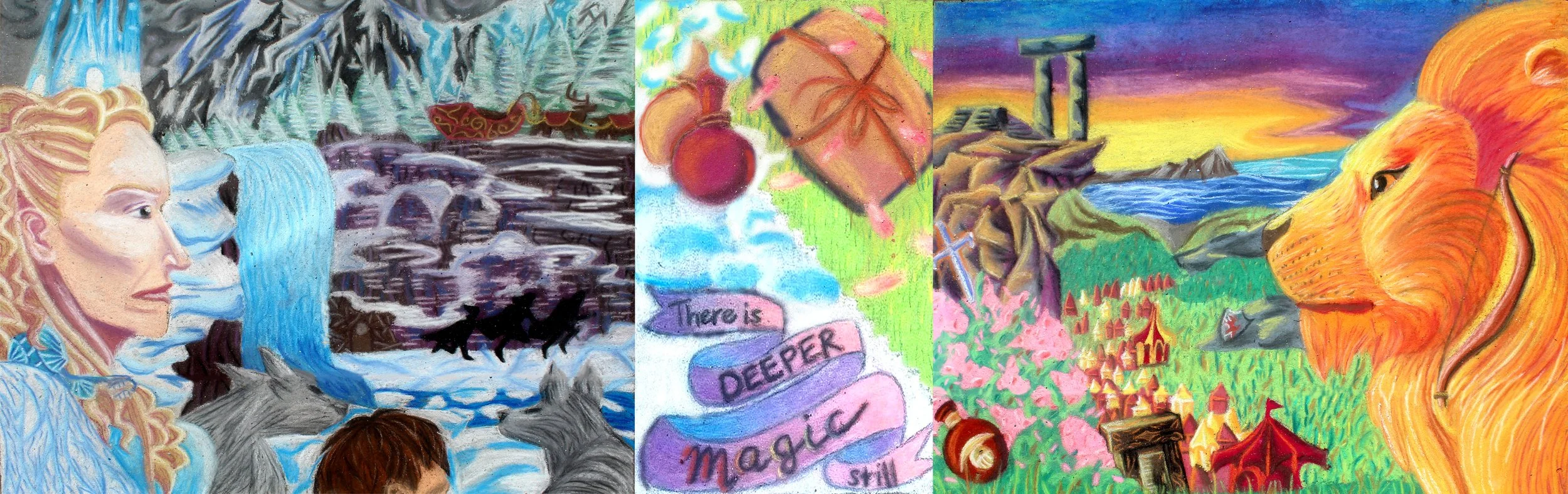A colorful triptych of artwork with elements of fantasy and nature. The first panel features a woman with long blonde hair, wolves, a waterfall, and a snowy mountain scene. The middle panel has a quote that reads, 'There is deeper magic still,' along