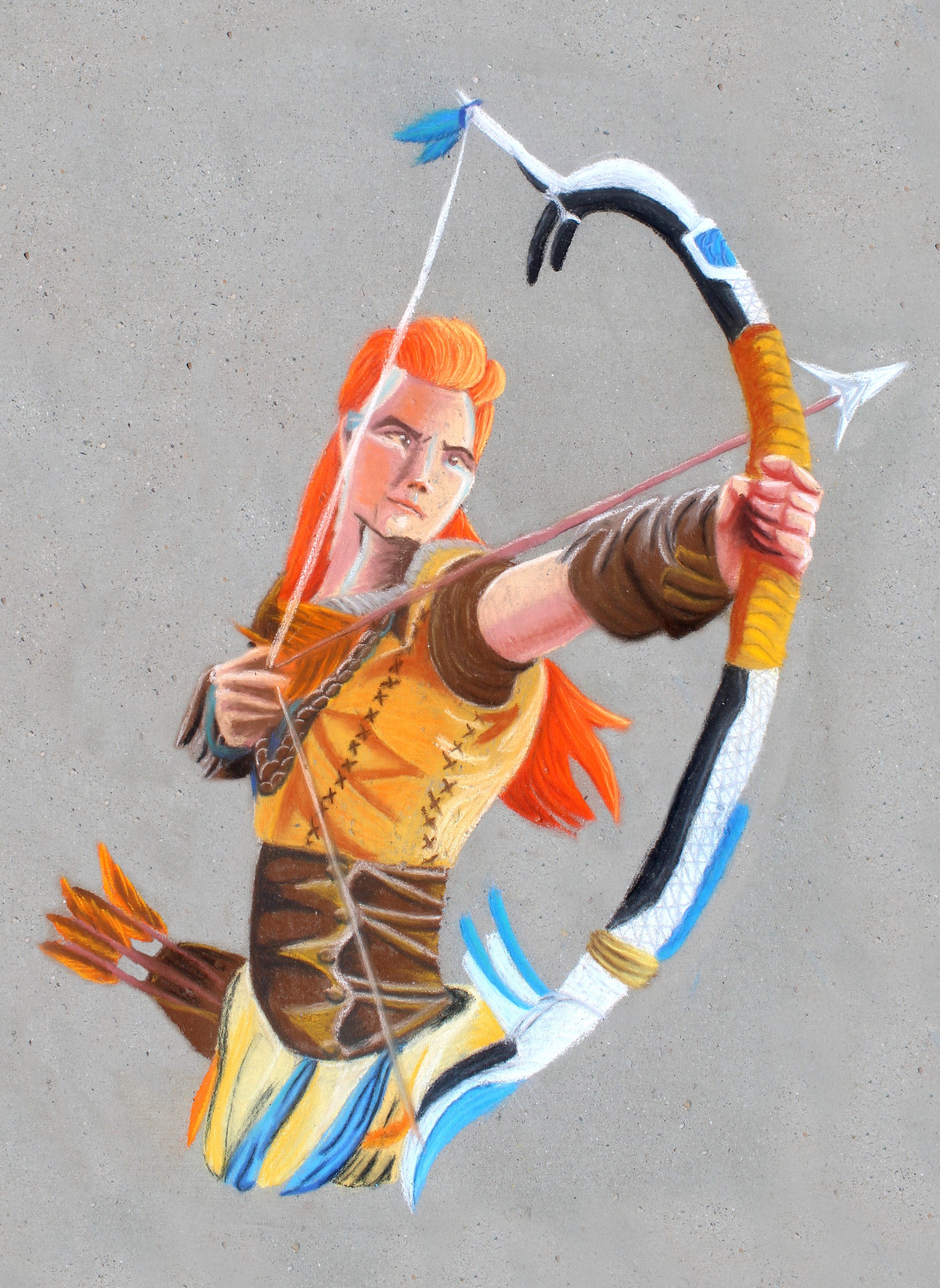 Street art of a female archer with red hair, drawing a bow with an arrow, painted on a gray concrete surface.
