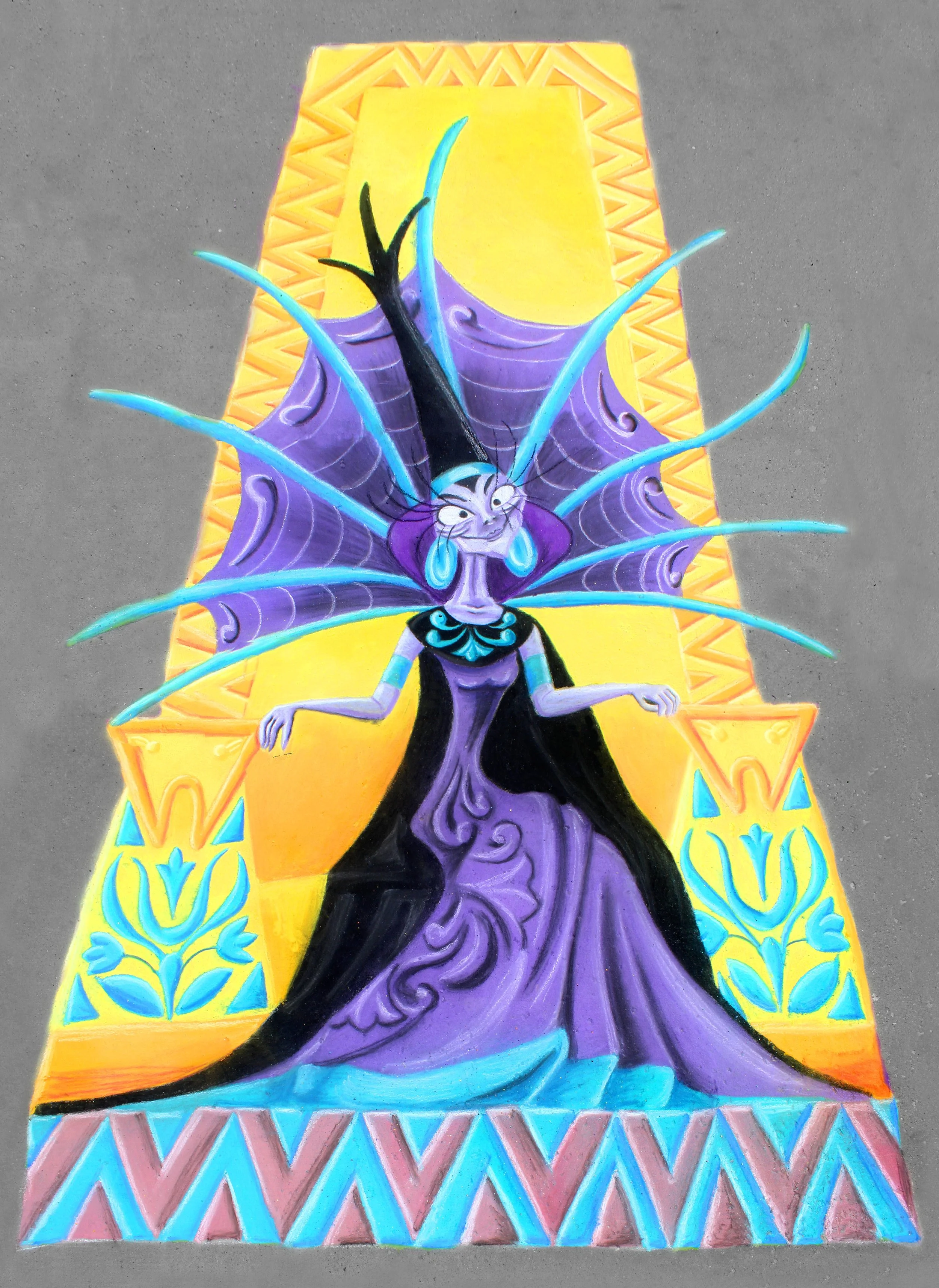 Colorful street art mural of a woman with purple hair, blue raindrops, and a purple dress, on a yellow background with blue floral patterns at the bottom.