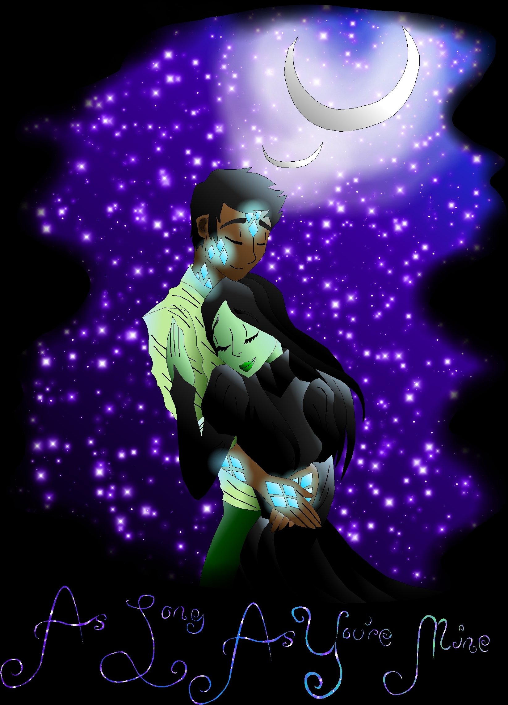 Digital illustration of two characters embracing under a starry purple night sky with crescent moons. The characters are stylized with glowing blue gemstone-like markings on their faces and bodies, and are depicted in a tender, affectionate pose.