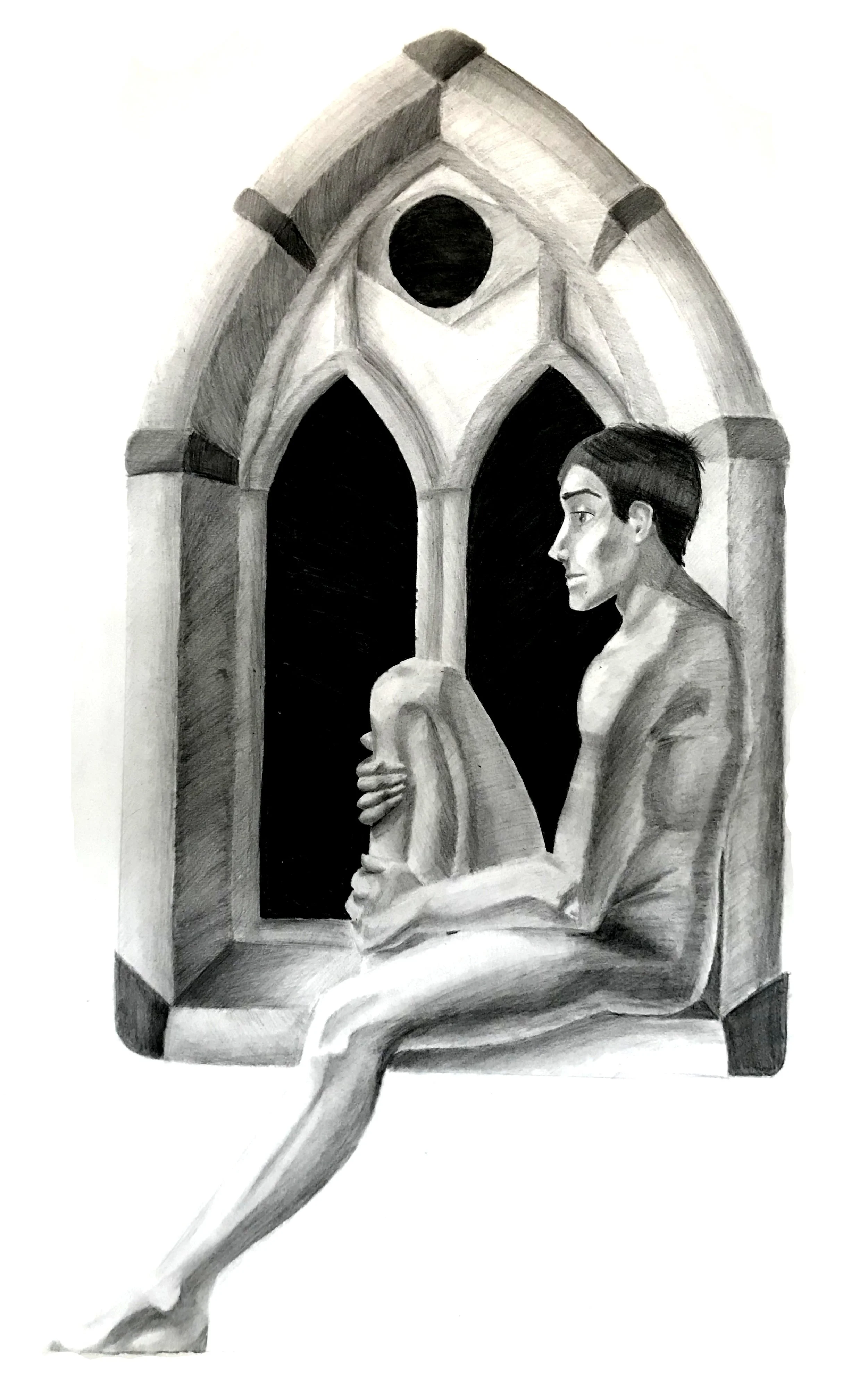 A monochrome drawing of a young woman with short dark hair, sitting by a large gothic-style arched window, holding a small dog in her lap.