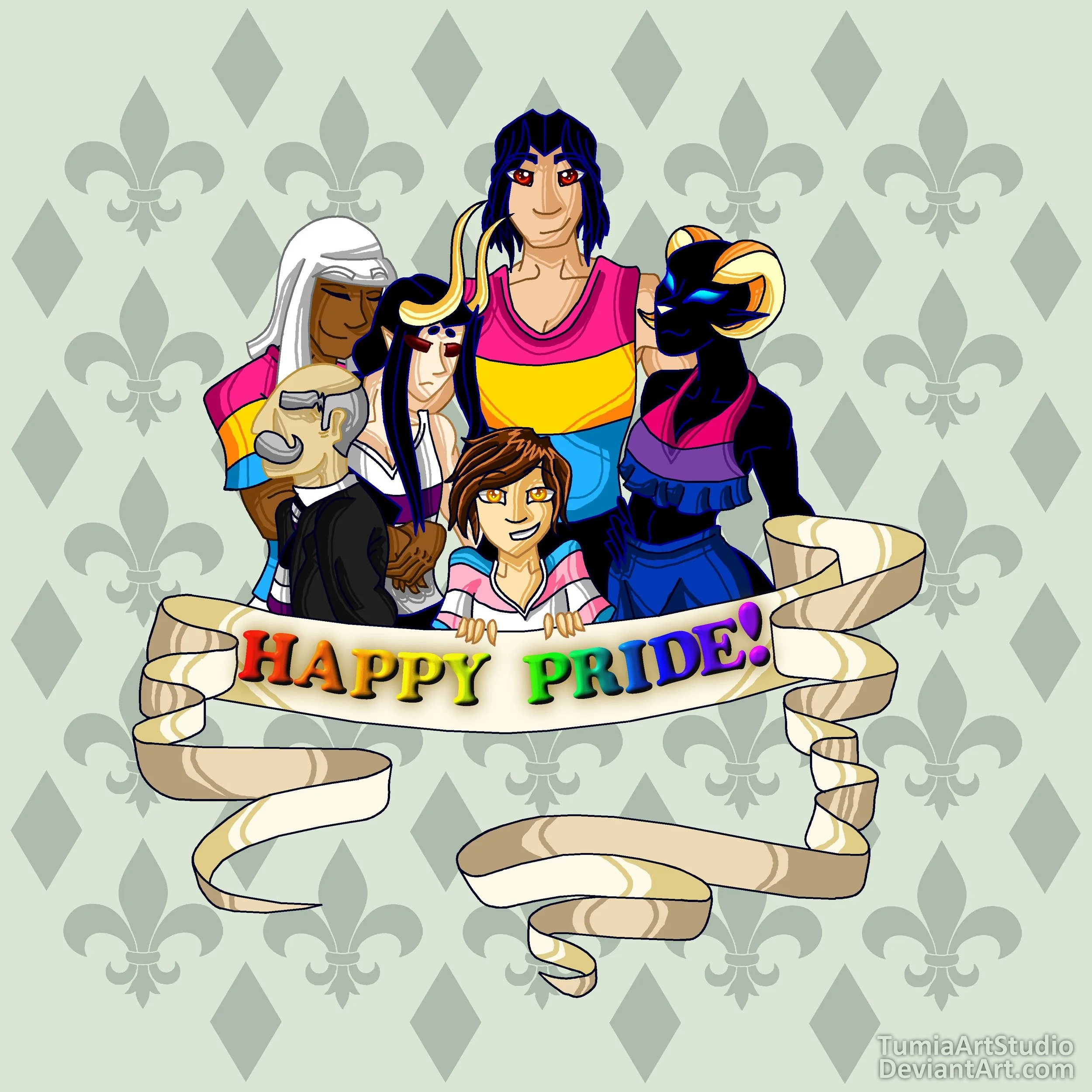 Cartoon characters celebrating Pride with a rainbow-colored banner that says 'Happy Pride!' in front of a light green background with a pattern of fleur-de-lis and diamond shapes.