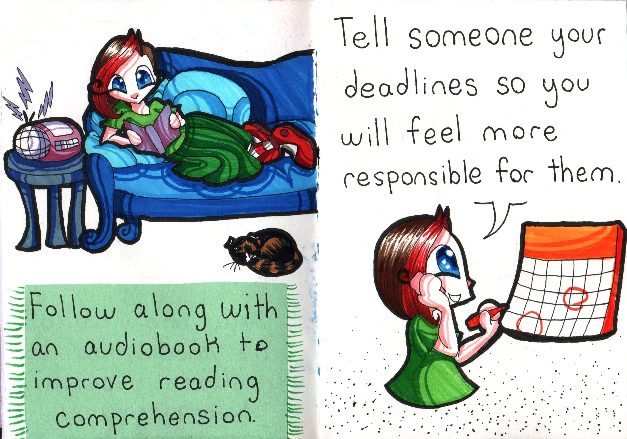 A colorful illustration of a girl with red hair and blue eyes lying on a blue couch, reading a book, with a small brown and black dog resting nearby. There is a purple radio with lightning bolts coming out of it on a small blue table beside the couch