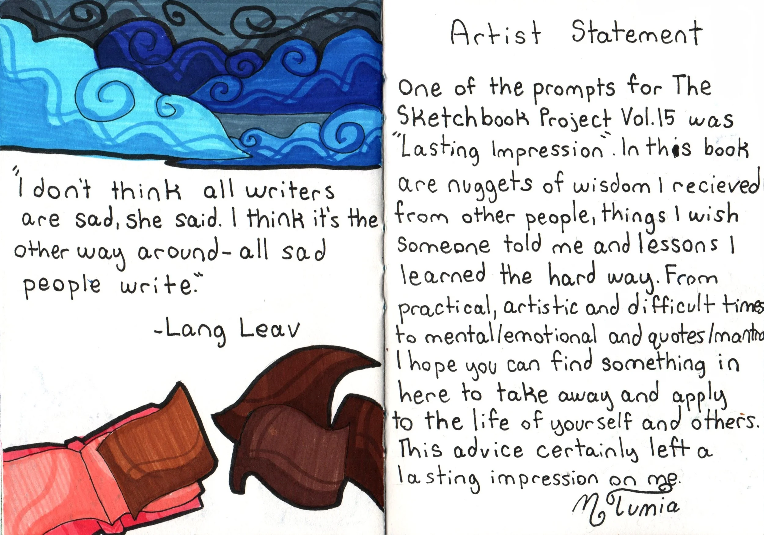 Colorful drawing of swirling clouds and sections of what appear to be petals or flames in shades of blue, orange, red, and brown, next to handwritten text about an artist's statement.