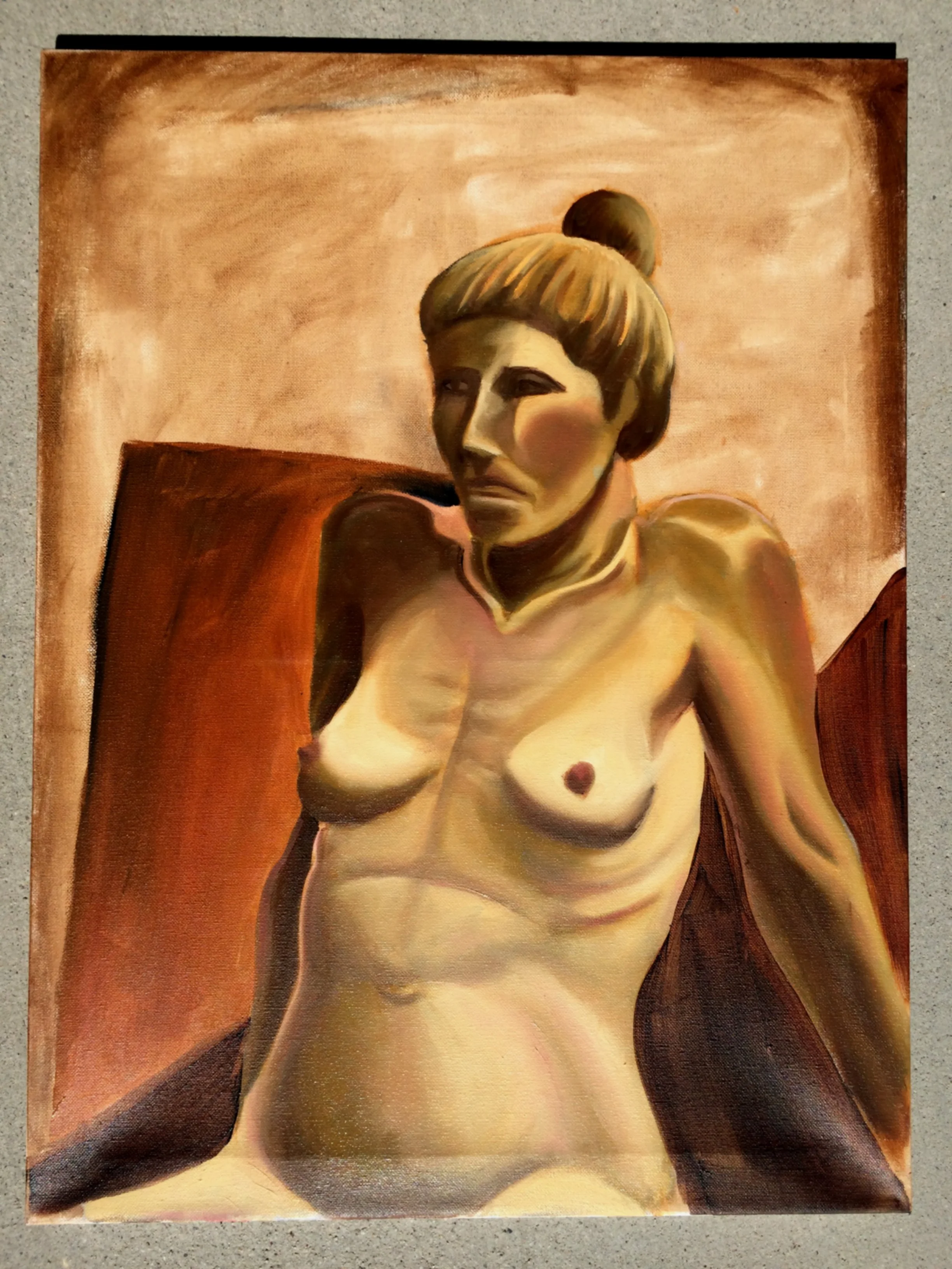 A painting of a woman's bust with blonde hair in a bun, looking to the side, and a small heart on her chest. The background is warm-toned with abstract shapes.