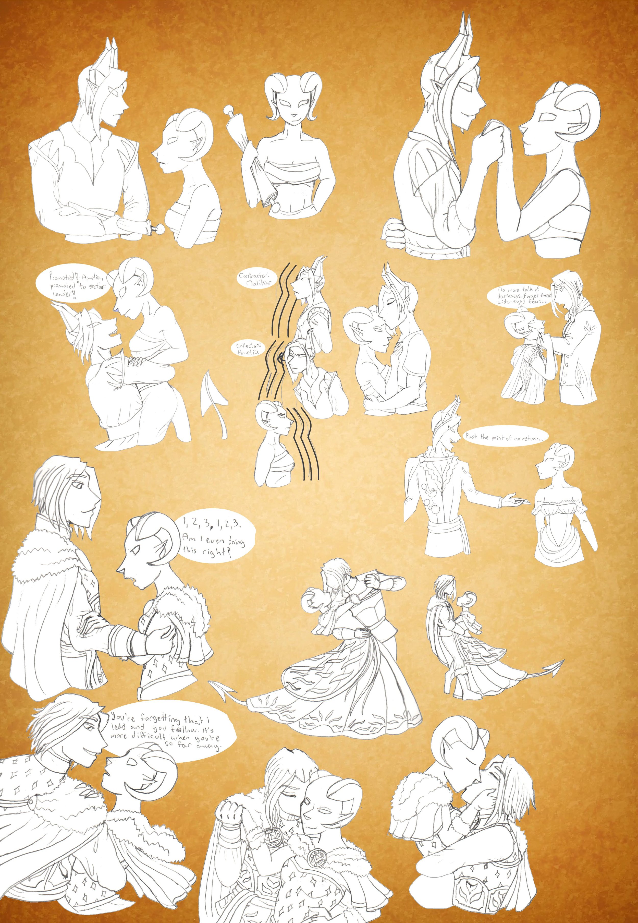 Collection of black-and-white line drawings of fantasy characters, including elves and other mythical beings, with some interacting and some engaging in dialogue, set against a textured, golden background.