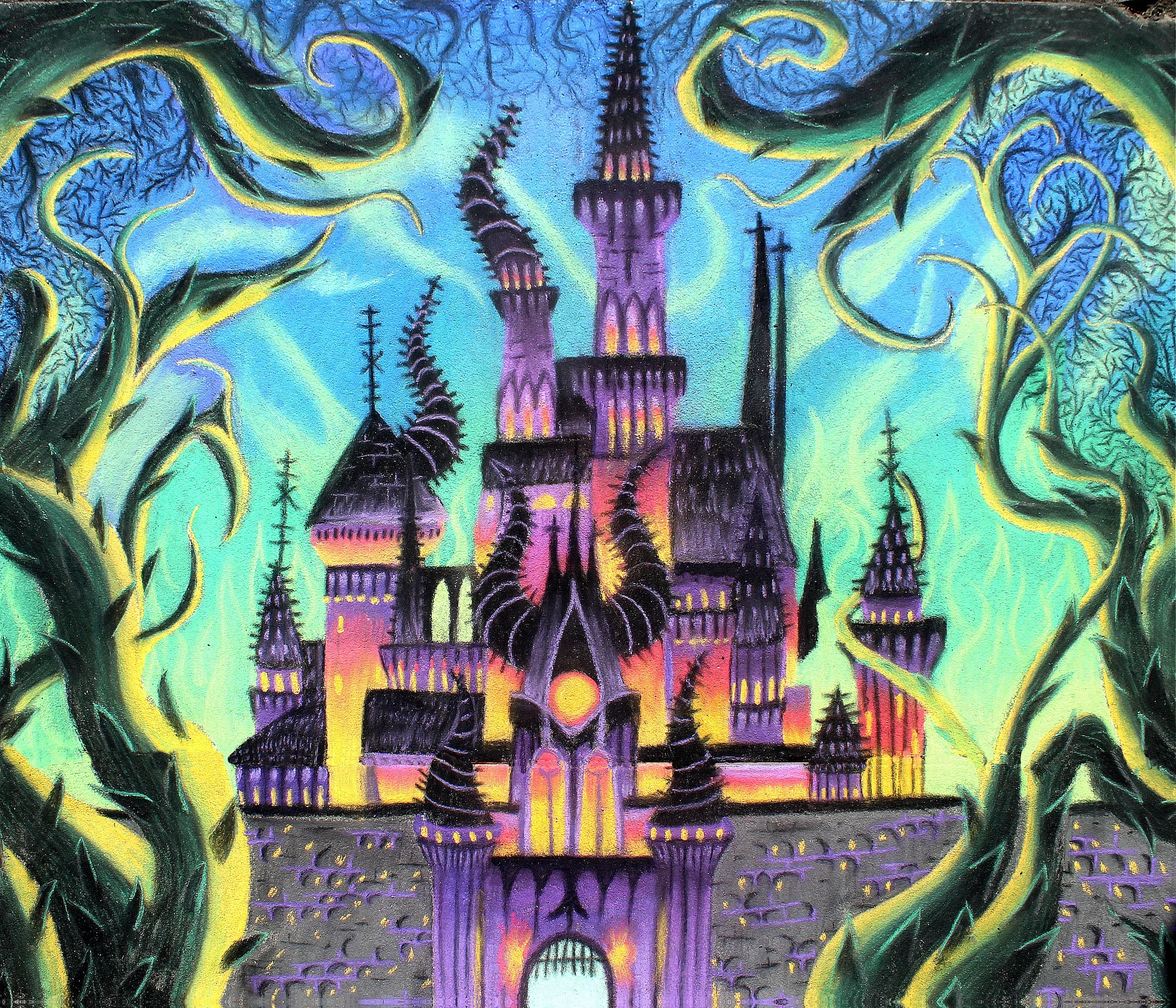 Colorful graffiti mural depicting a dark city skyline with a tall tower, surrounded by swirling green and yellow serpent-like figures against a blue sky with hints of purple and pink.