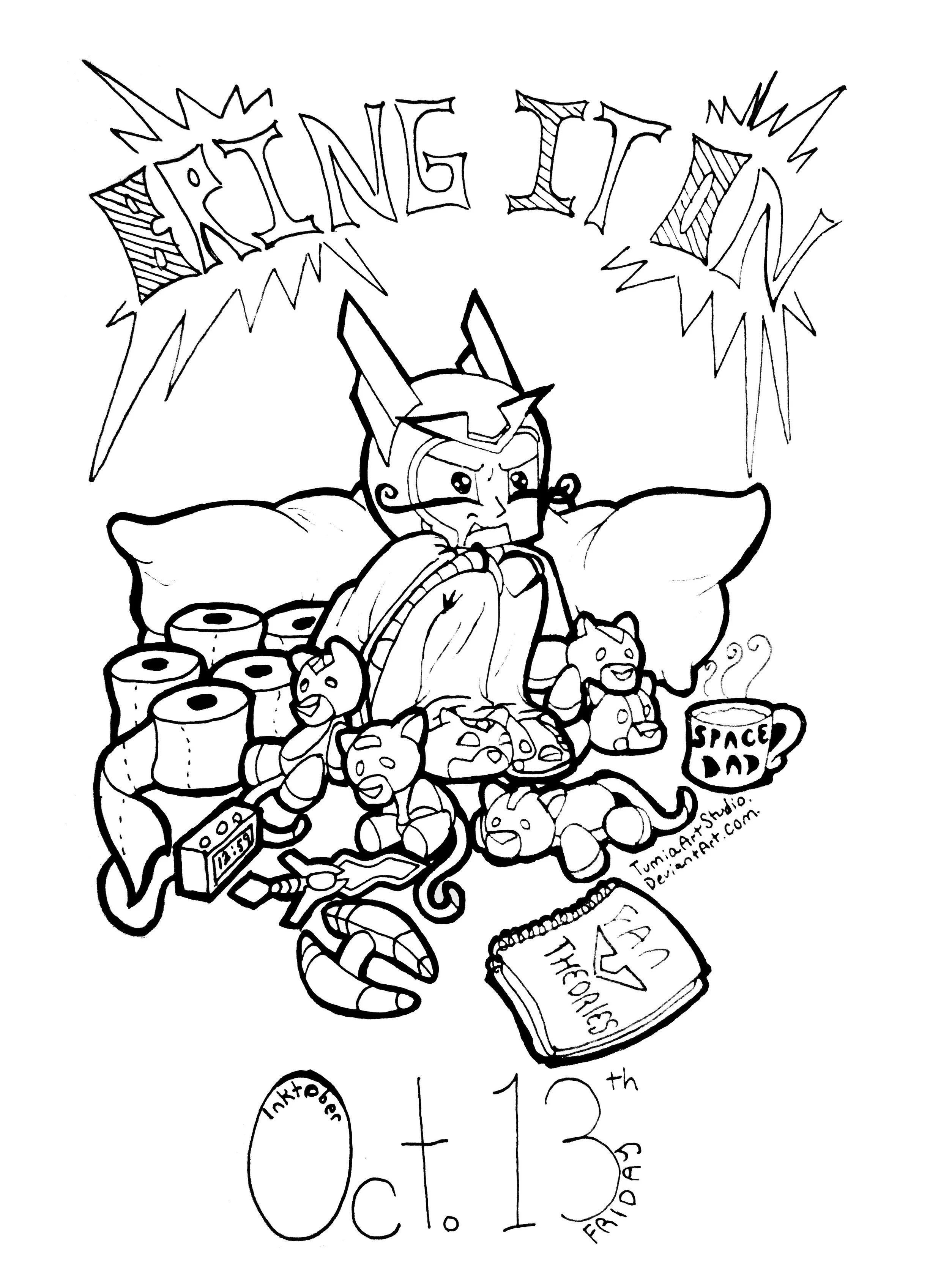 A black and white drawing celebrating the 13th birthday of a space-themed character, possibly a rabbit with a star on its forehead, surrounded by social gathering elements like pizza, soda, party hats, cups, and a birthday cake, with the words 'Happy