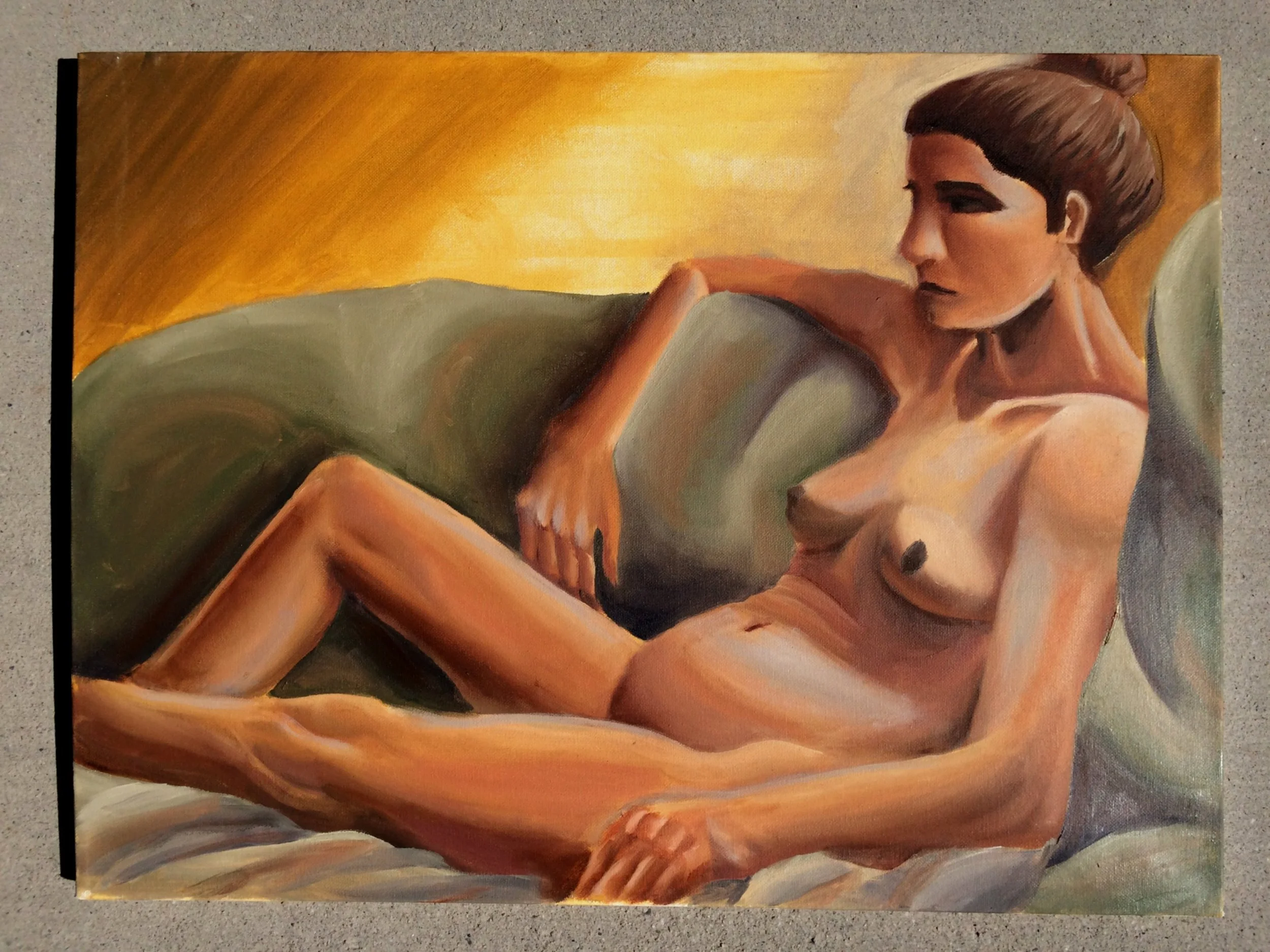 Oil painting of a woman reclining on a bed, with short hair, wearing a bathing suit, in warm tones.