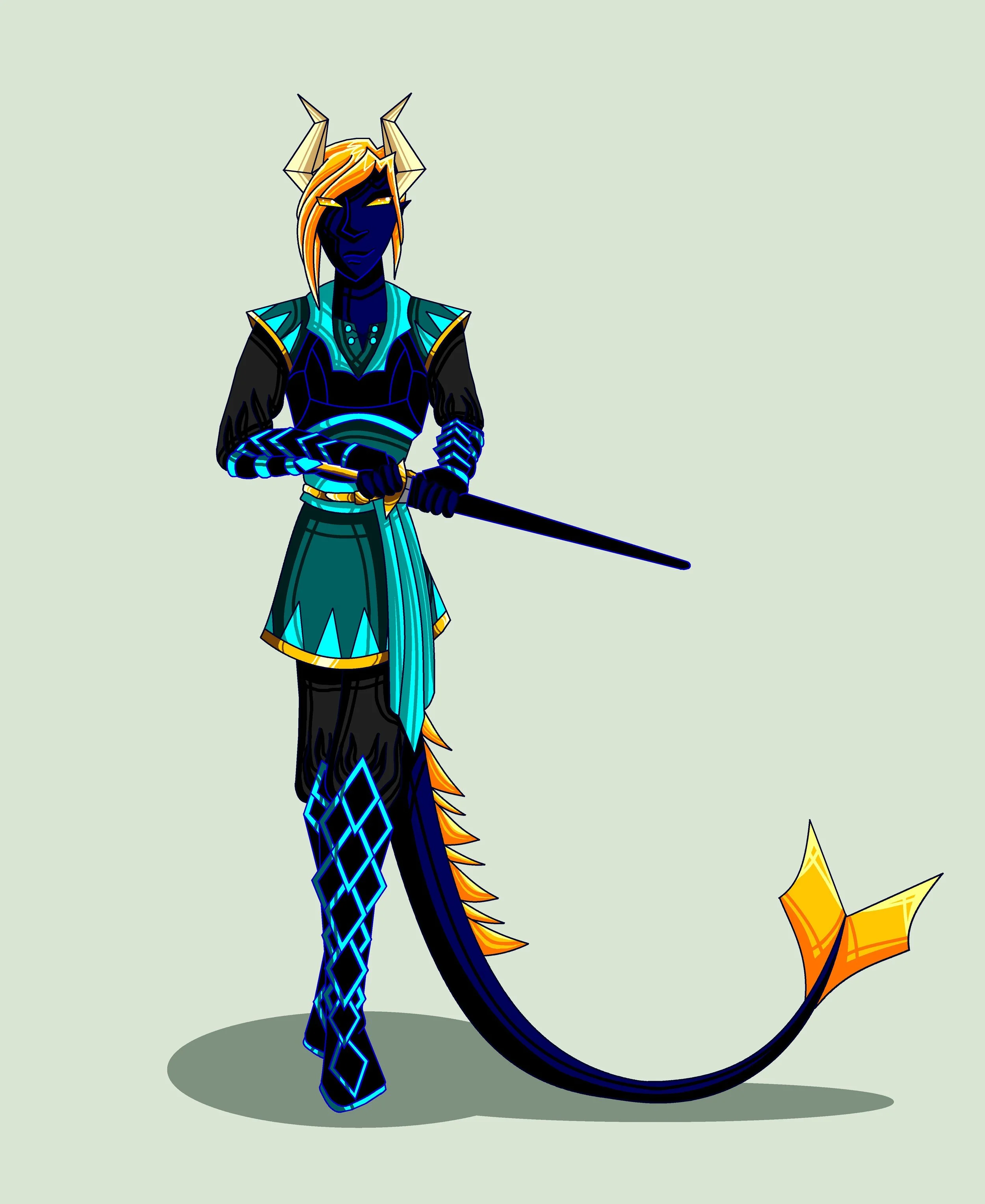 A stylized dragon humanoid with blue and orange scales, wearing armor with geometric patterns, holding a spear, with a long tail and sharp horns on its head, standing on a light-colored background.