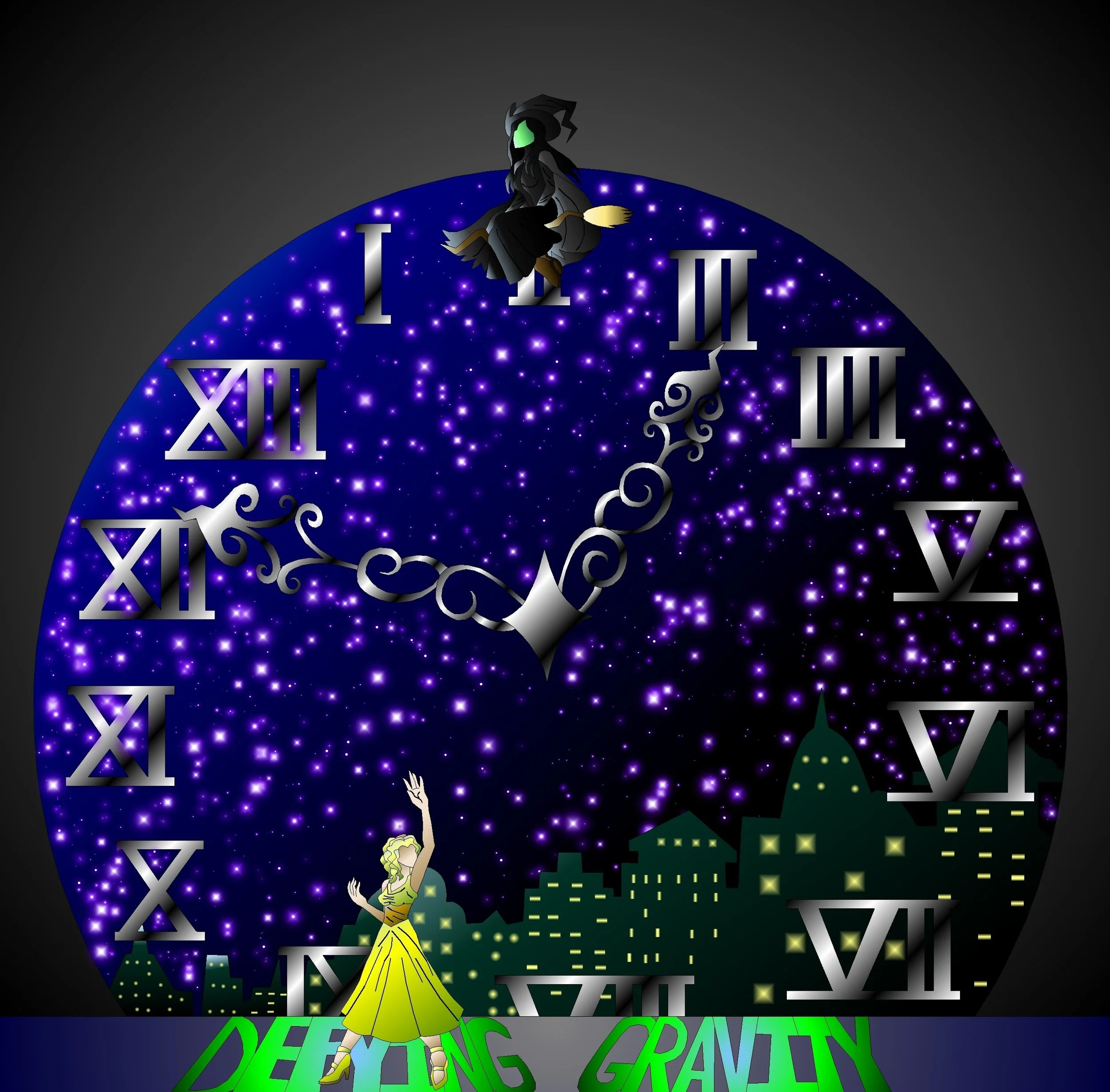 A whimsical clock featuring a witch riding a broomstick at the top, with glowing purple stars and Roman numerals. At the bottom, a fairy-like character with wings and a yellow dress is surrounded by colorful words 'perfecting', 'design', and 'gravity