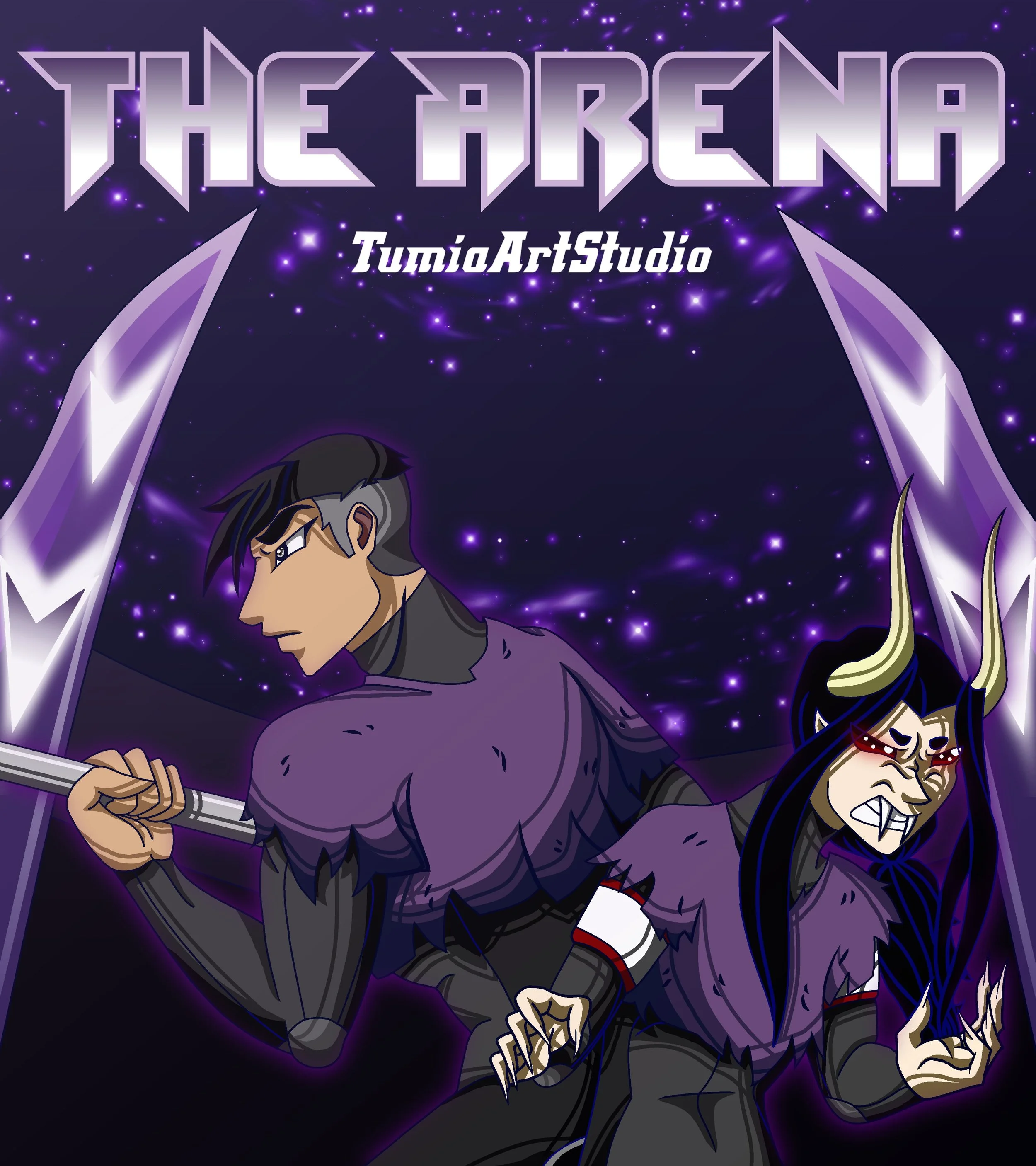 A digital illustration featuring two characters, one with dark hair and the other with glasses, set against a cosmic background with purple and black hues, stars, and lightning. The title 'The Arena' is displayed at the top in bold, stylized purple l