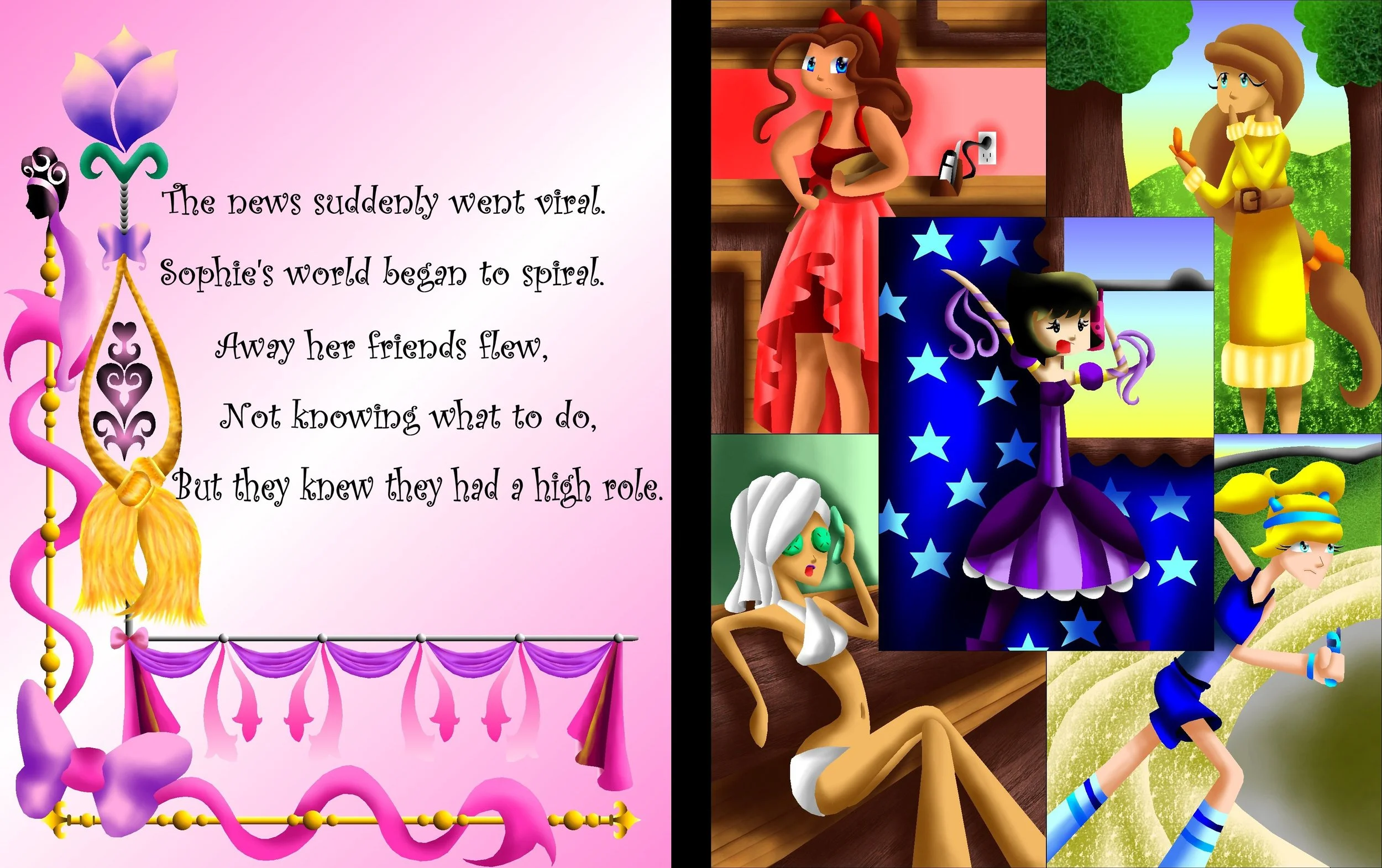 A colorful collage with a pink background that features a poetic text on the left side and a collection of animated characters from fairy tales and stories on the right side. The text discusses how friends' actions impact each other and the role they