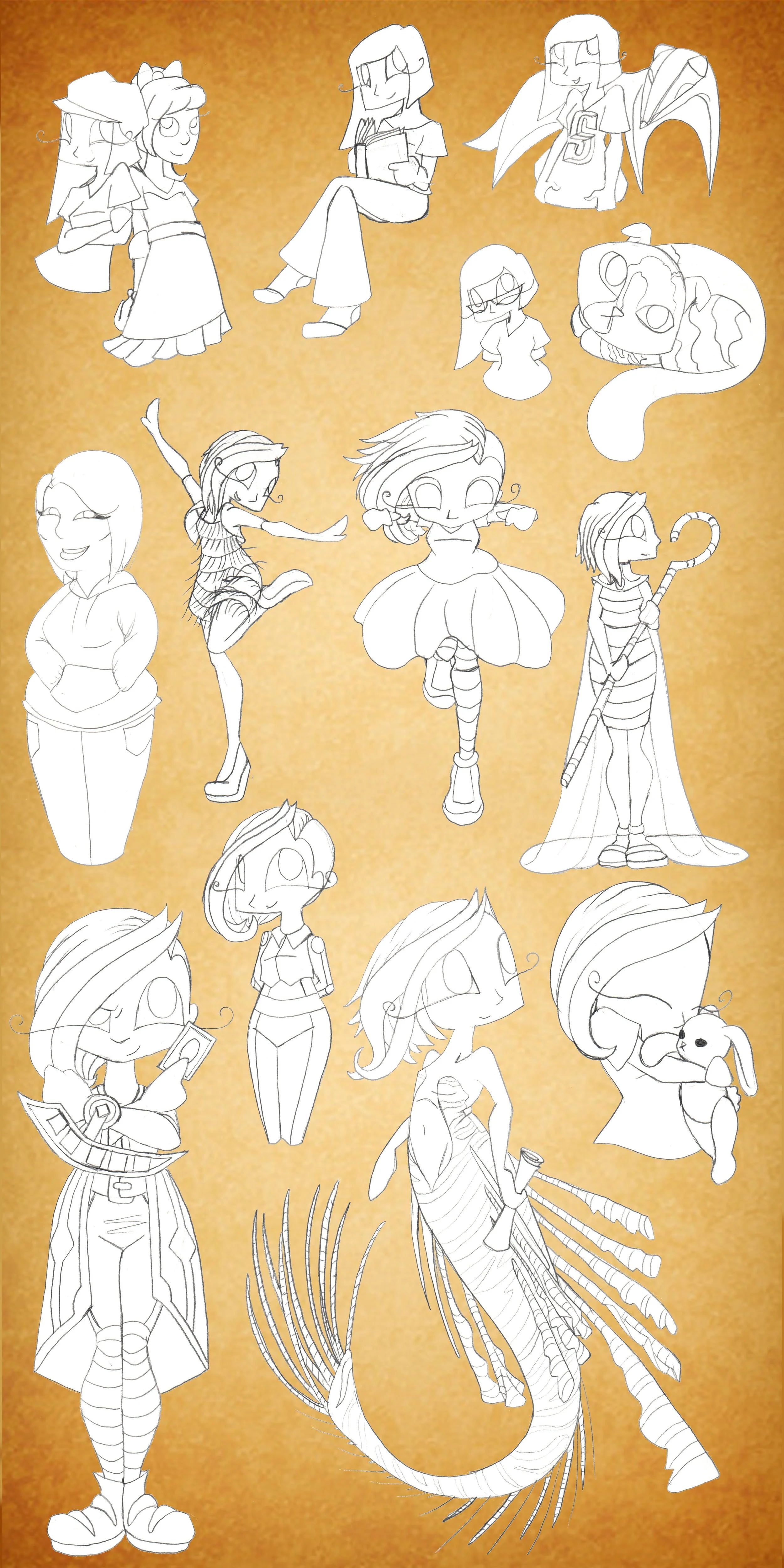 Collection of various hand-drawn fantasy and cartoon characters, including a mermaid, a humanoid with a unicorn horn, and a creature with wings and a tail, arranged on a textured orange background.