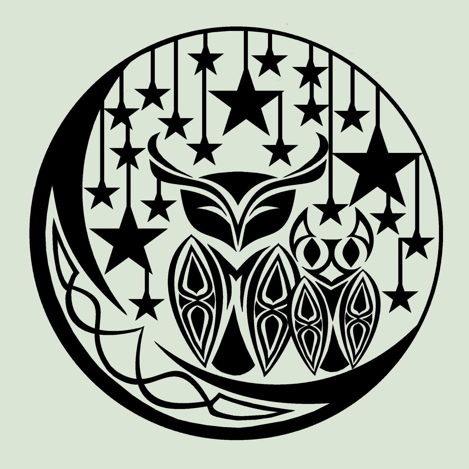 A black silhouette of an owl with stars, moons, and intricate patterns inside a circular border on a light green background.