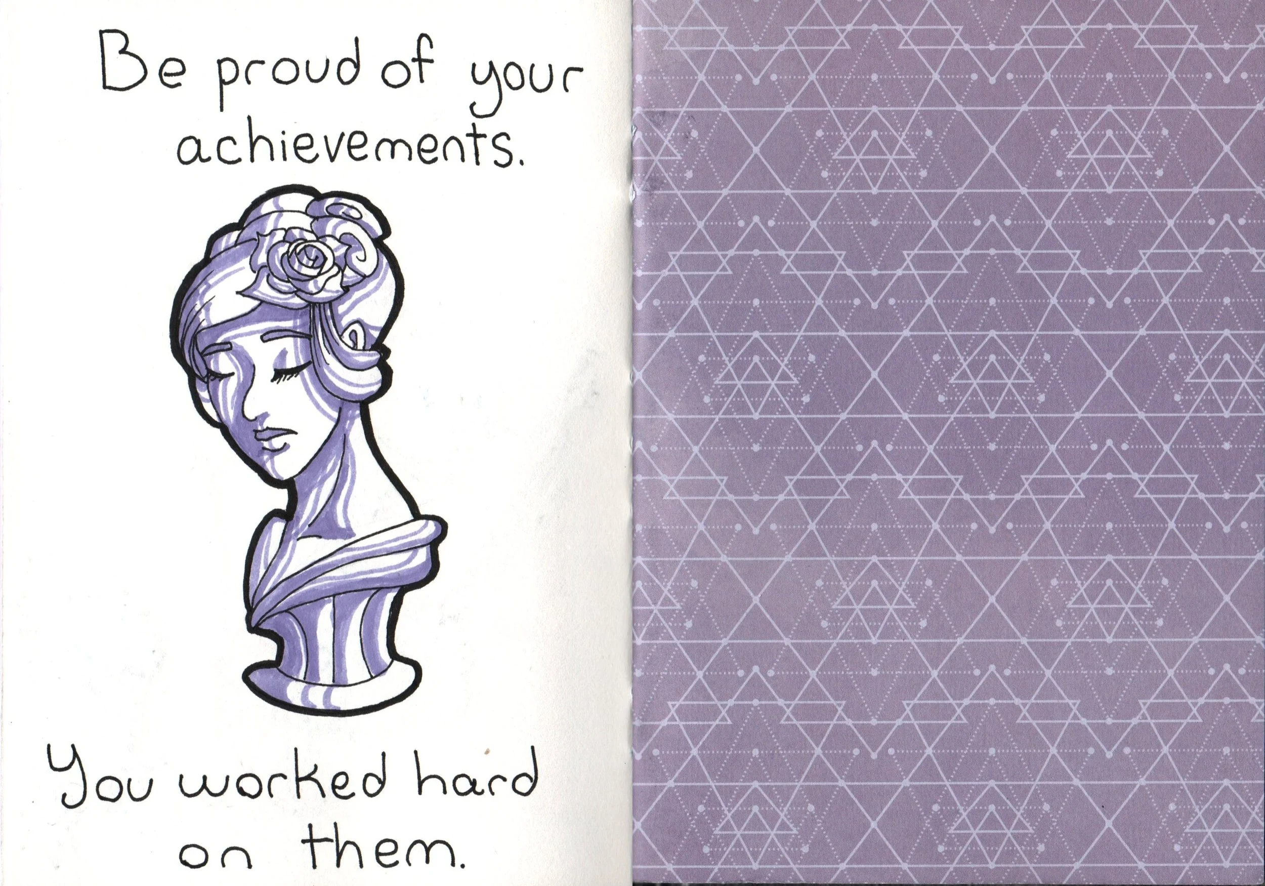 Hand-drawn illustration of a woman with flowers in her hair, with the text 'Be proud of your achievements.' on the left side.