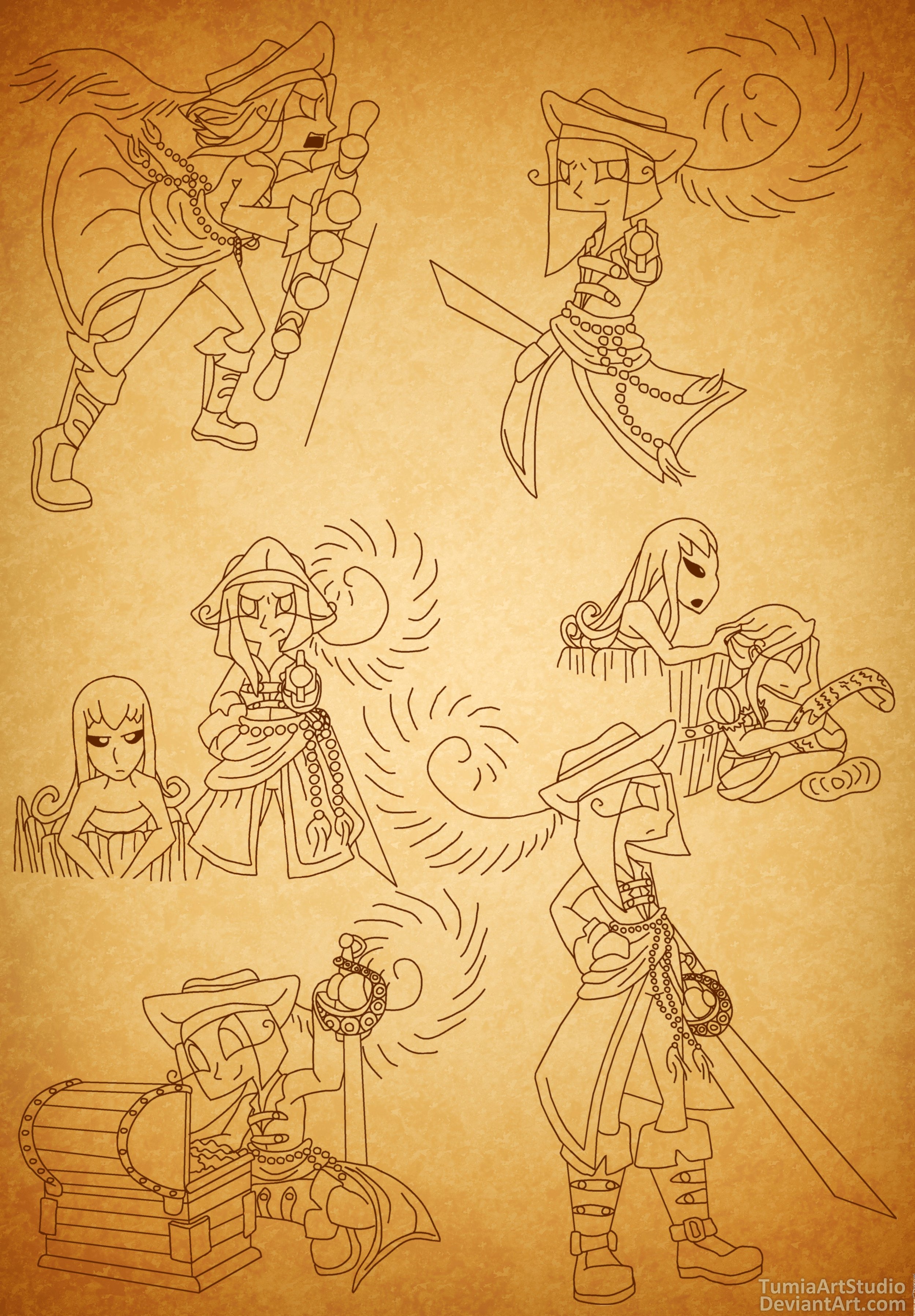 Line art of fantasy characters on parchment background, including a wizard with a staff and a treasure chest, a female mage with a book, a female thief with a sword, and a male warrior holding a sword, drawn in cartoon style.