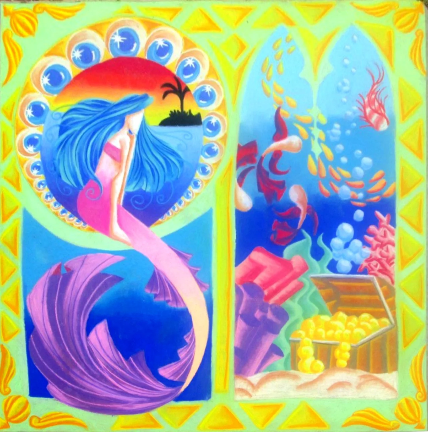 A colorful painting divided into two sections, with a mermaid with long blue hair sitting on a purple shell on the left side, and an underwater scene with two large blue coral formations, koi fish, and a treasure chest filled with gold coins on the r