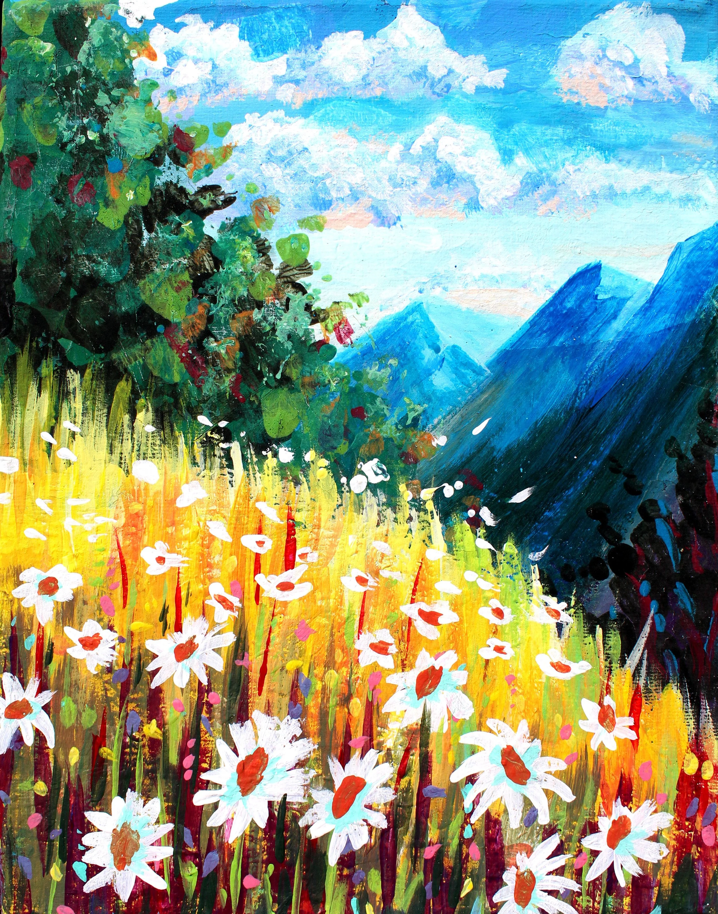 An impressionistic painting of a colorful mountain landscape with a field of white flowers in the foreground, green foliage on the left, and blue mountains in the background under a bright sky with fluffy clouds.