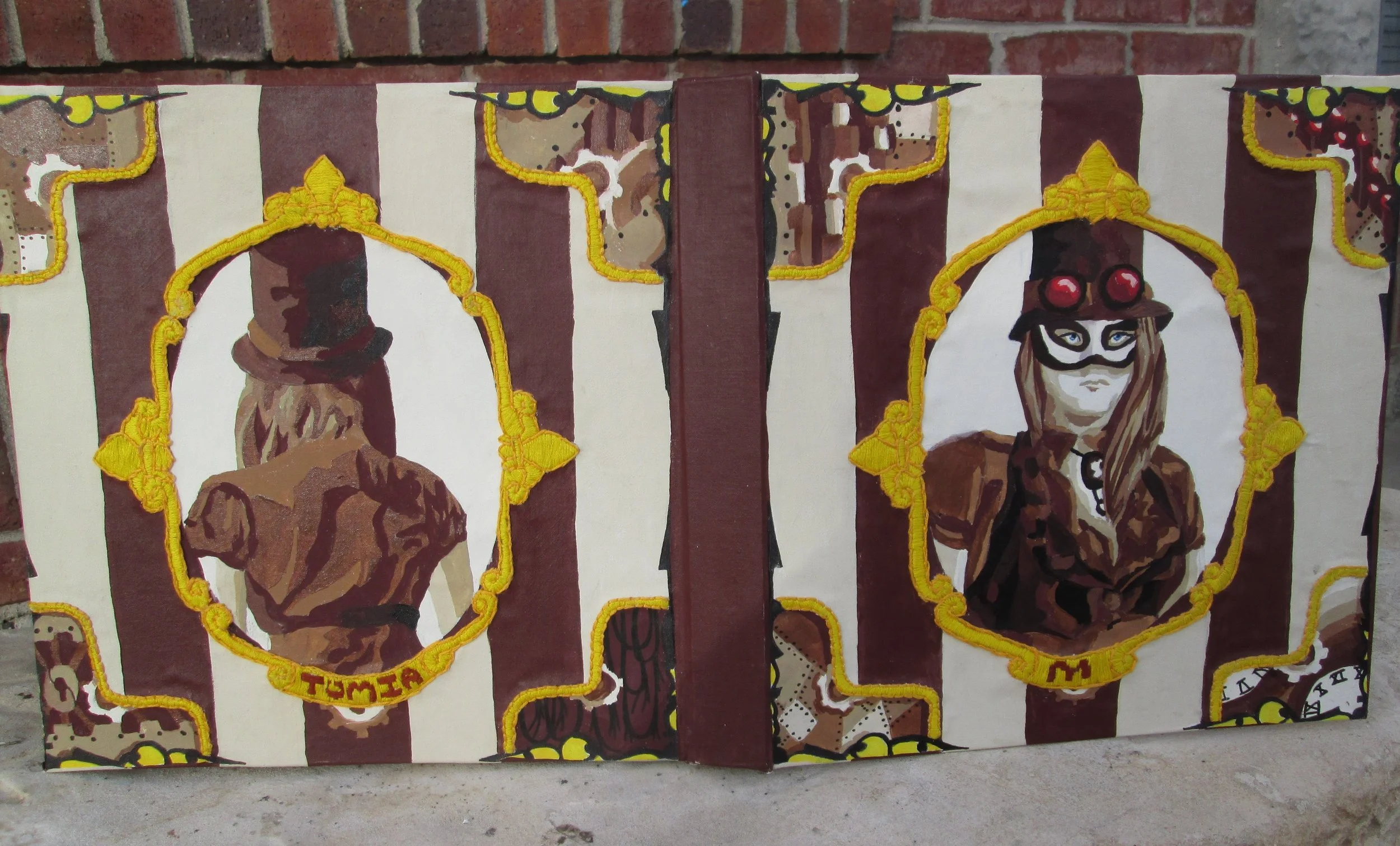 Mural with segmented images of various characters, including a girl with goggles and a mask, featuring yellow decorative borders, against a brick wall background.