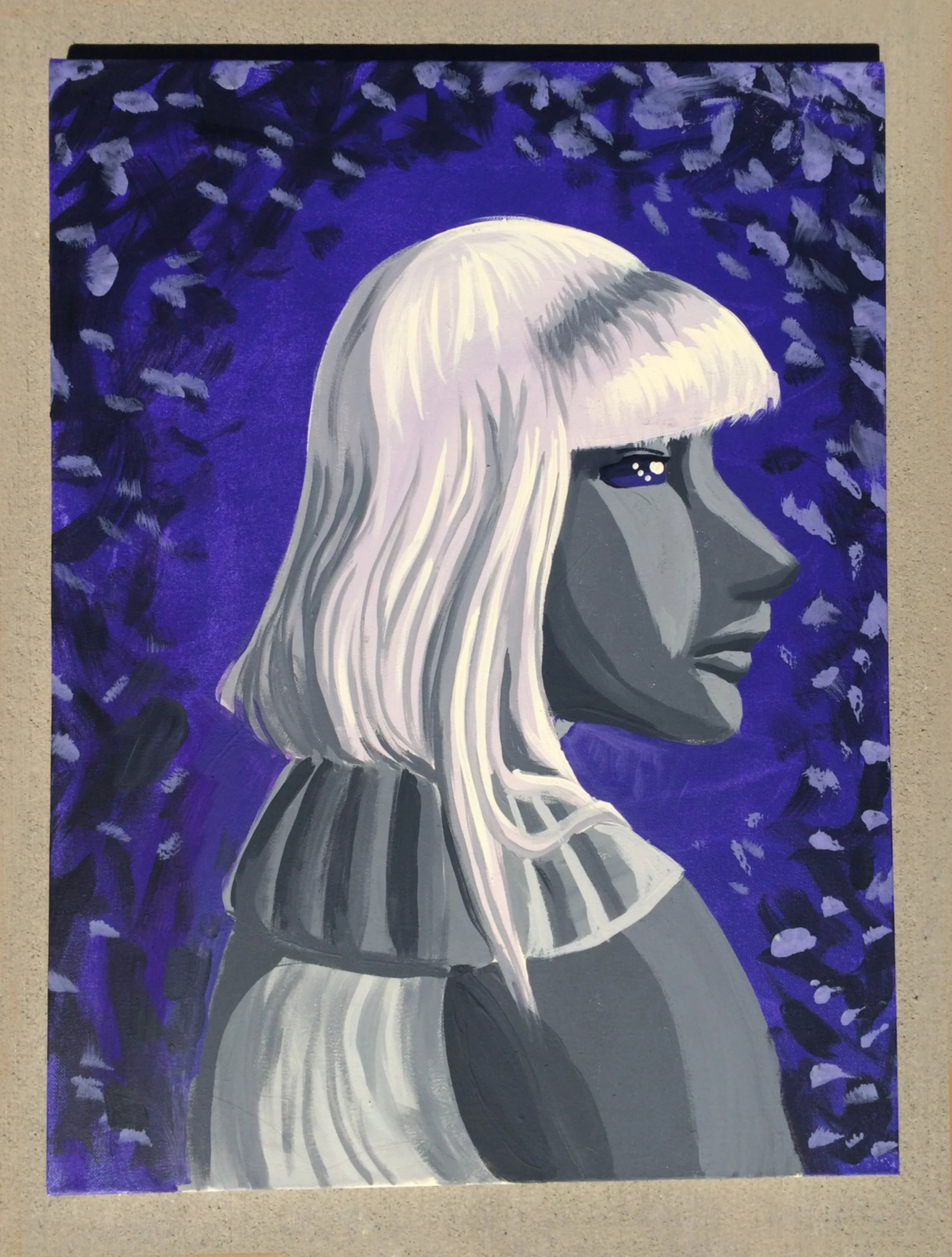 A painting of a woman with long flowing white hair in profile, with a purple background and abstract purple and white leaves around her head.