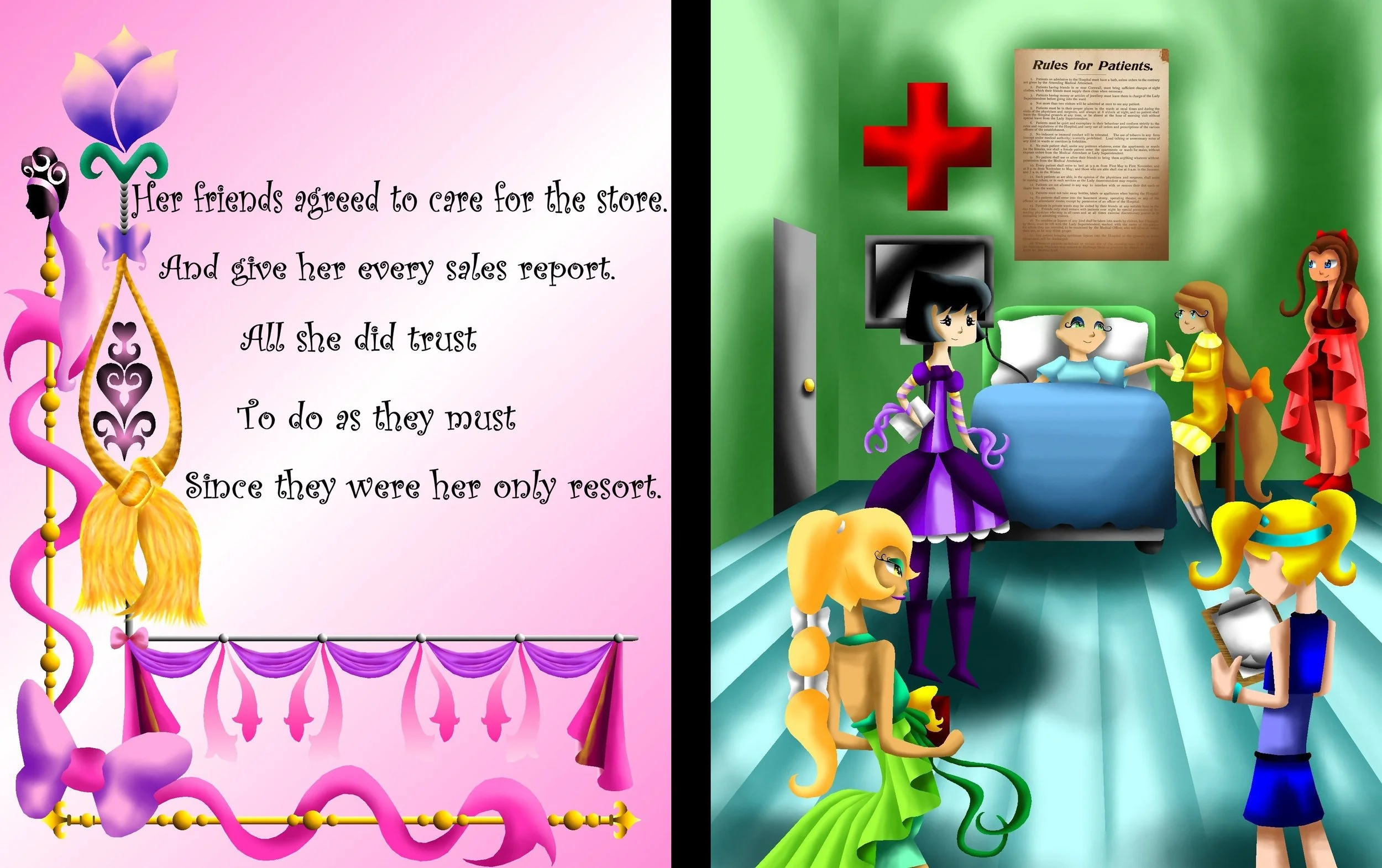 A split-screen image with a quote on the left and a cartoon-style hospital scene on the right. The quote reads: "Her friends agreed to care for the store. And give her every sales report. All she did trust to do as they must since they were her only 