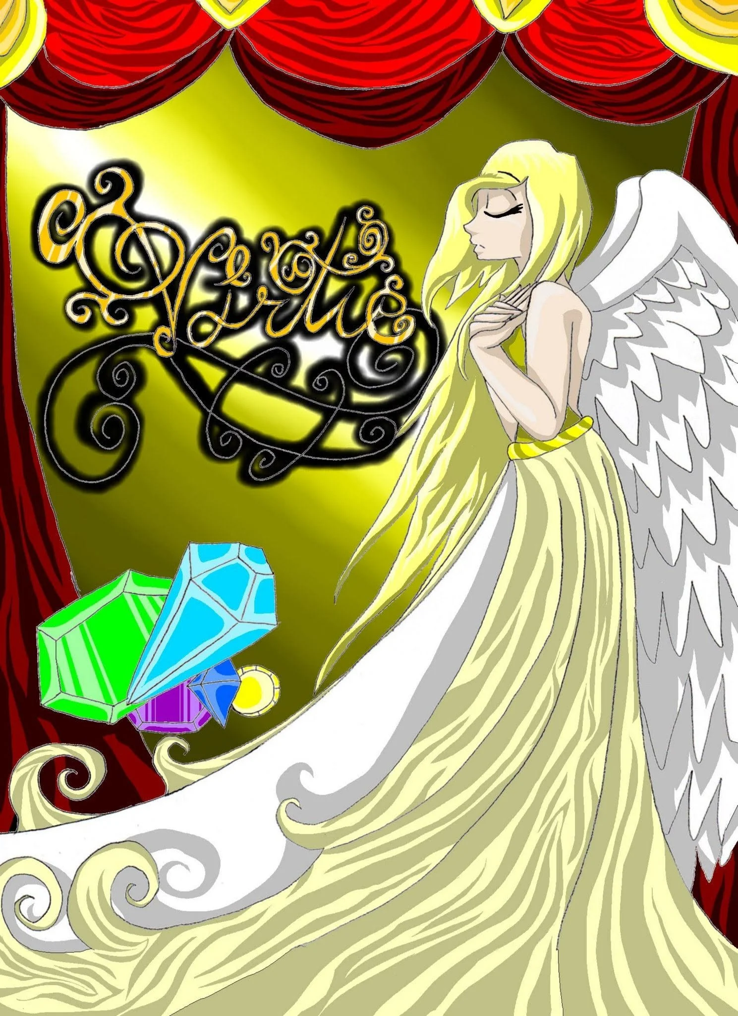 A stylized illustration of a mermaid with long blonde hair, white wings, and a yellow and white striped skirt, on a stage with red curtains and red and yellow drapery, surrounded by colorful gemstones and a black ornate sign with gold and white lette