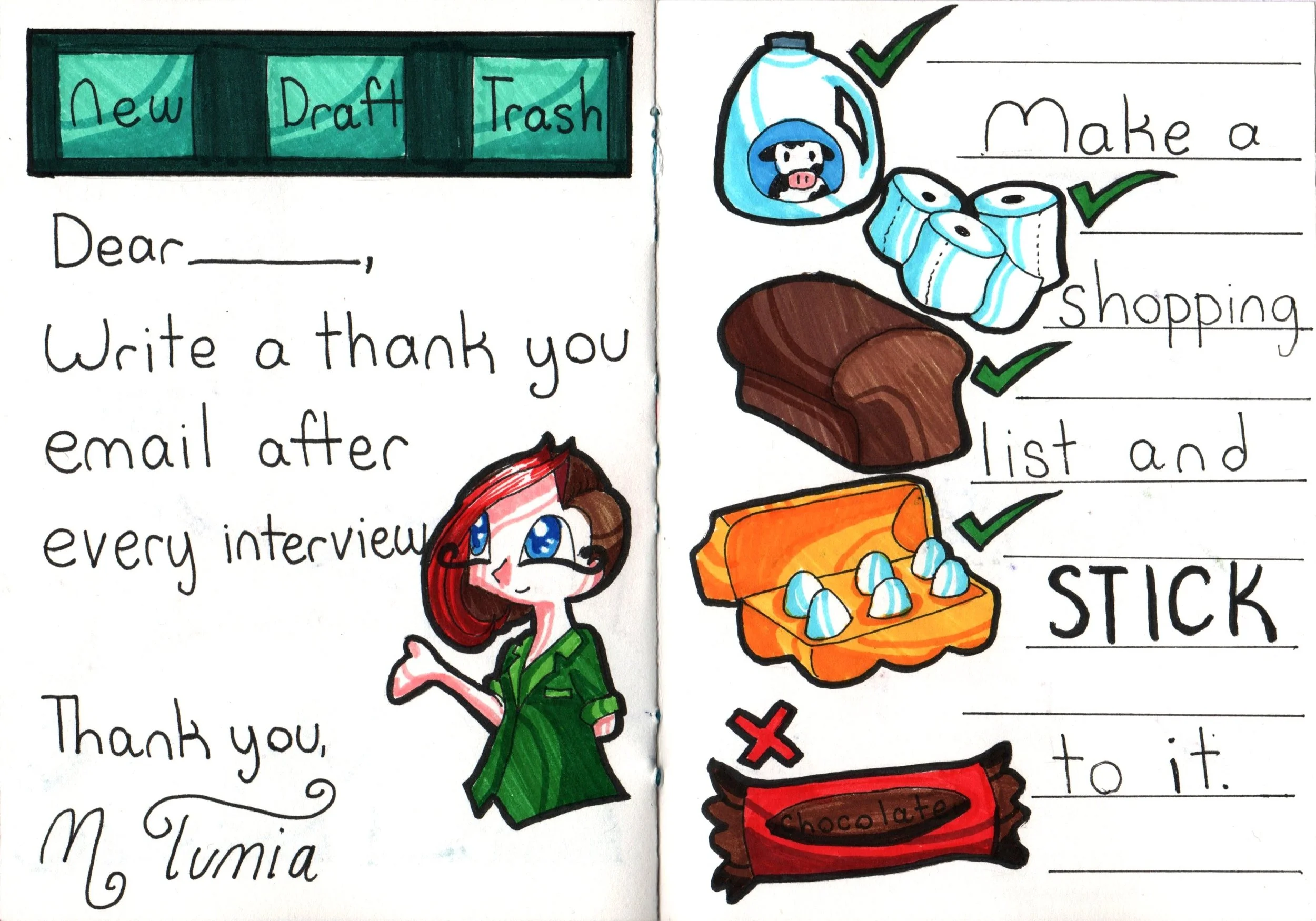 Hand-drawn illustration of a thank you note with colorful drawings of tissues, a woman, a soap bottle with a cow face, toilet paper rolls, a cheese wedge, and a chocolate bar, accompanied by handwritten text and check marks.