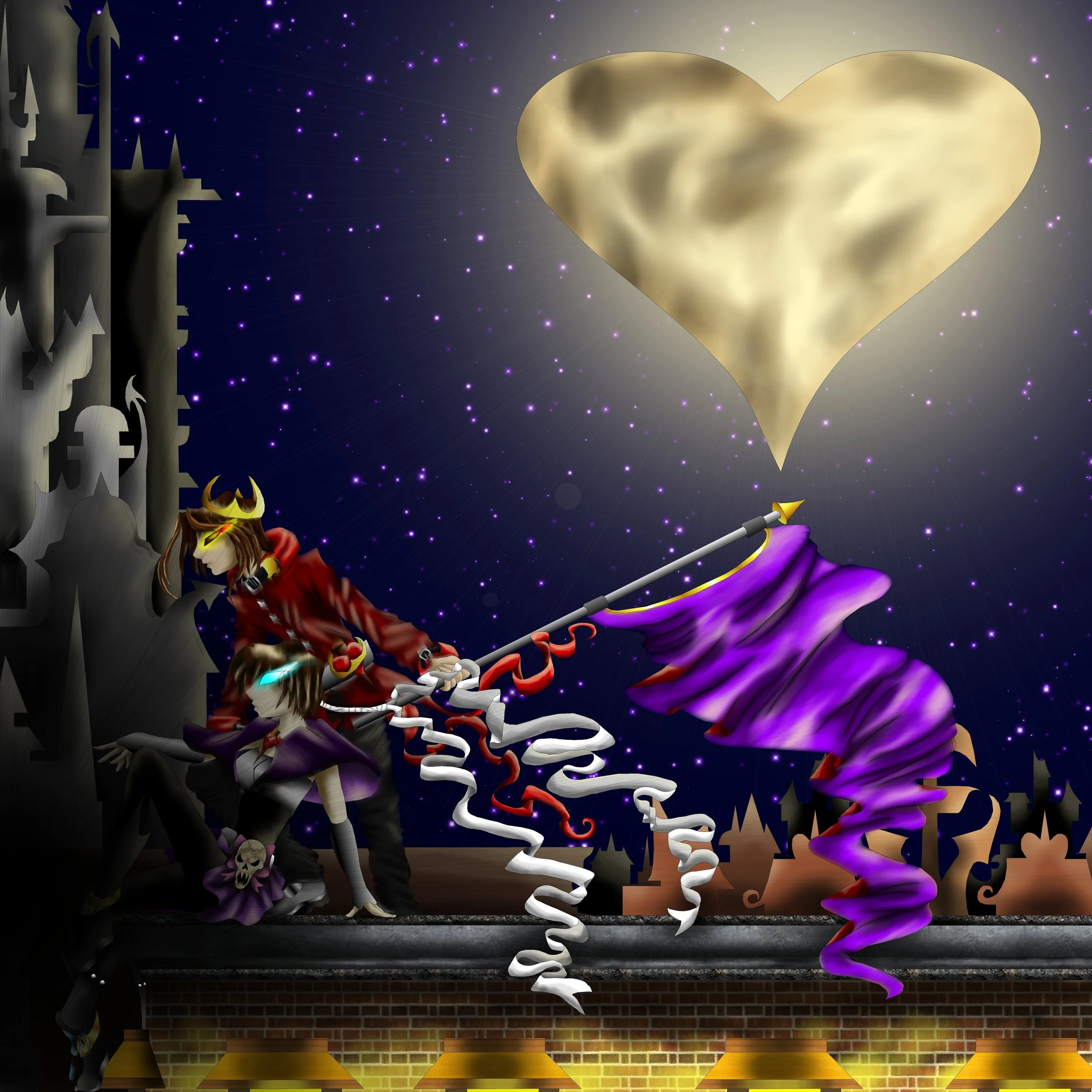 Decorative scene with a large golden heart, stars, purple and white swirling ribbons, and a crown with a skull on a dark background.
