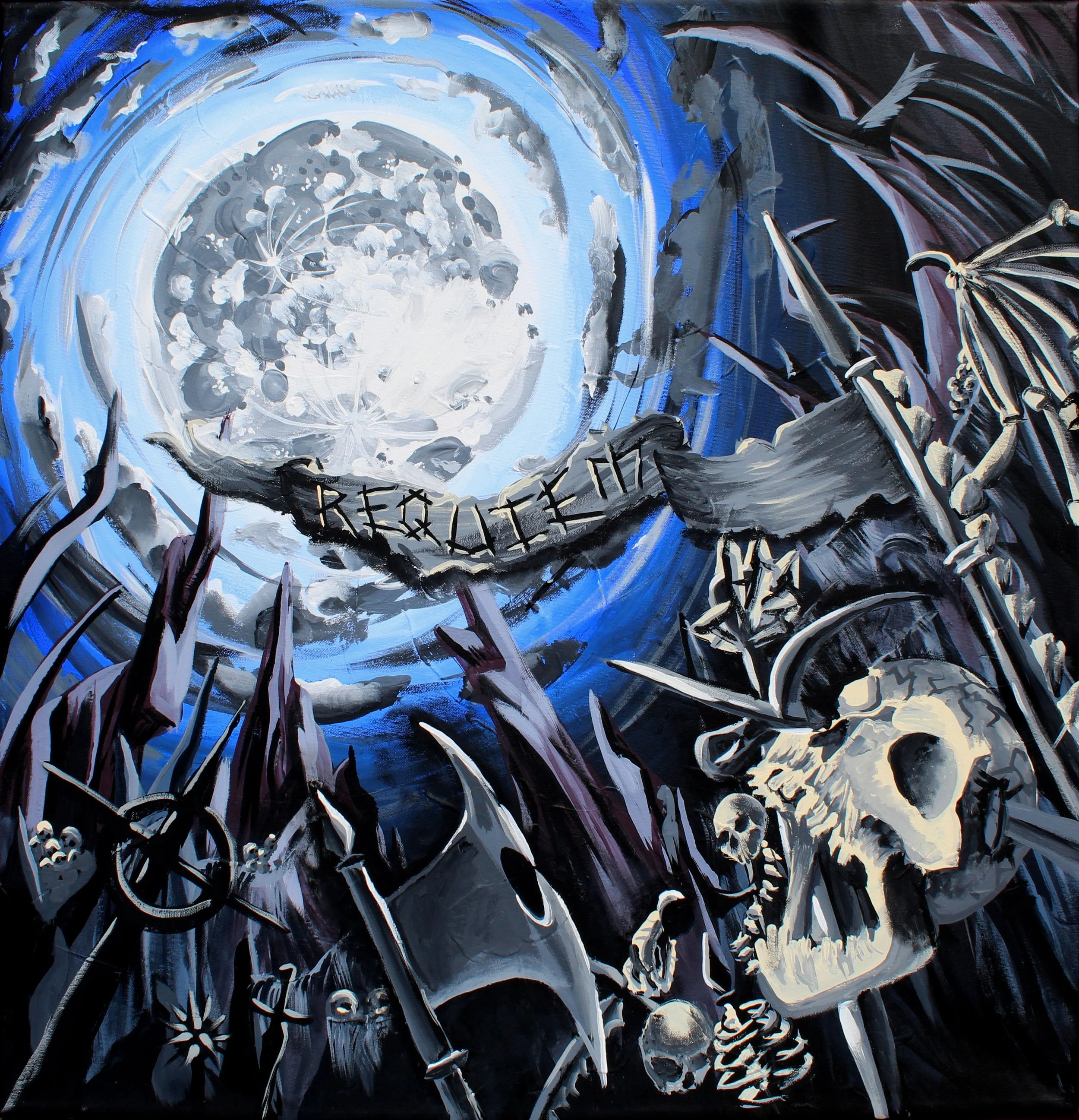 Abstract painting with swirling black, white, gray, and blue strokes, featuring a cluster of small white flowers and the words 'RED TIE' painted in black near the bottom center.