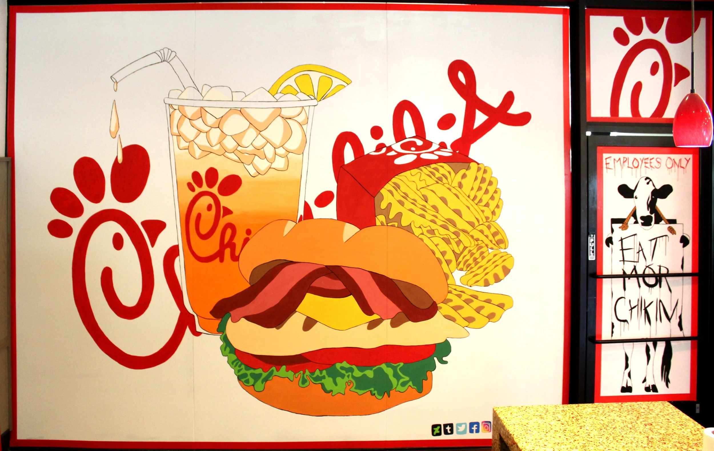 A colorful cartoon-style illustration of a burger with lettuce, tomato, cheese, bacon, and a bun. The background features an oversized soft drink cup with ice and a lemon wedge. To the right, there are a red-lit hanging light and a poster with a cow,