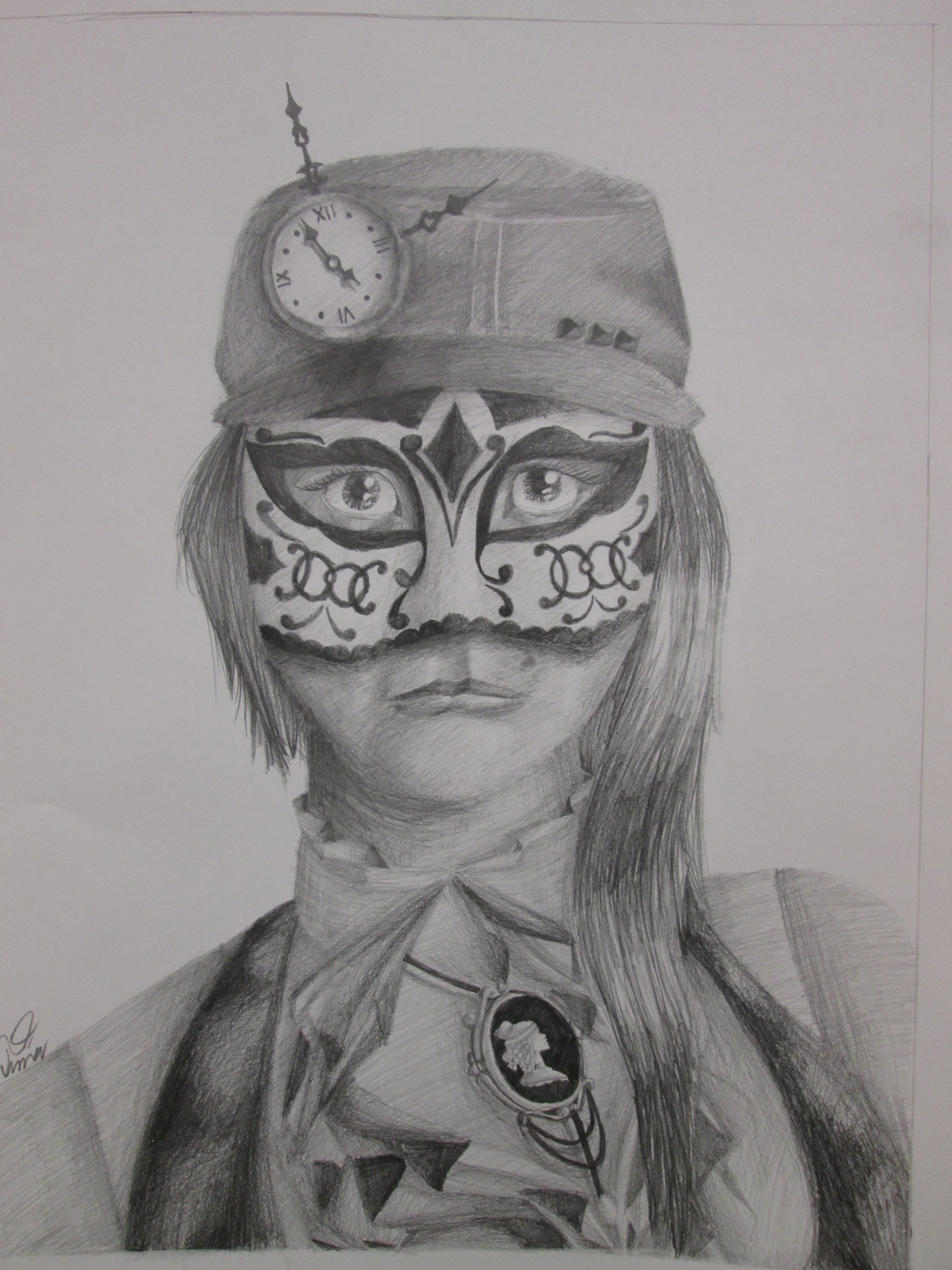 A pencil drawing of a woman with a face mask, wearing a cap with a pocket watch and a necklace with a locket, and dressed in a suit and bow tie.