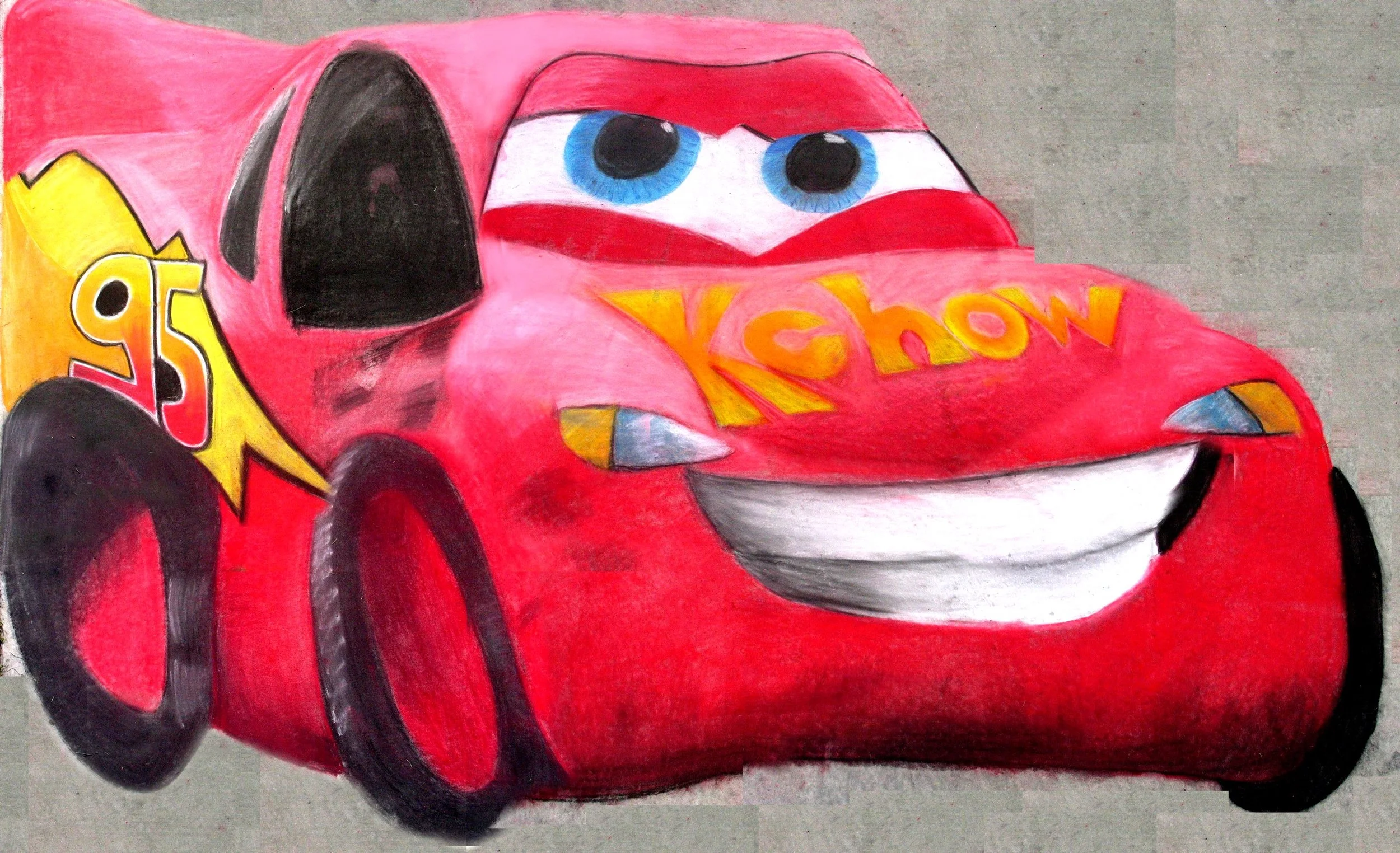 A colorful drawing of Lightning McQueen, the race car character from Pixar's Cars, with bright eyes and a big smile, featuring the word 'Ka-chow' on his front.