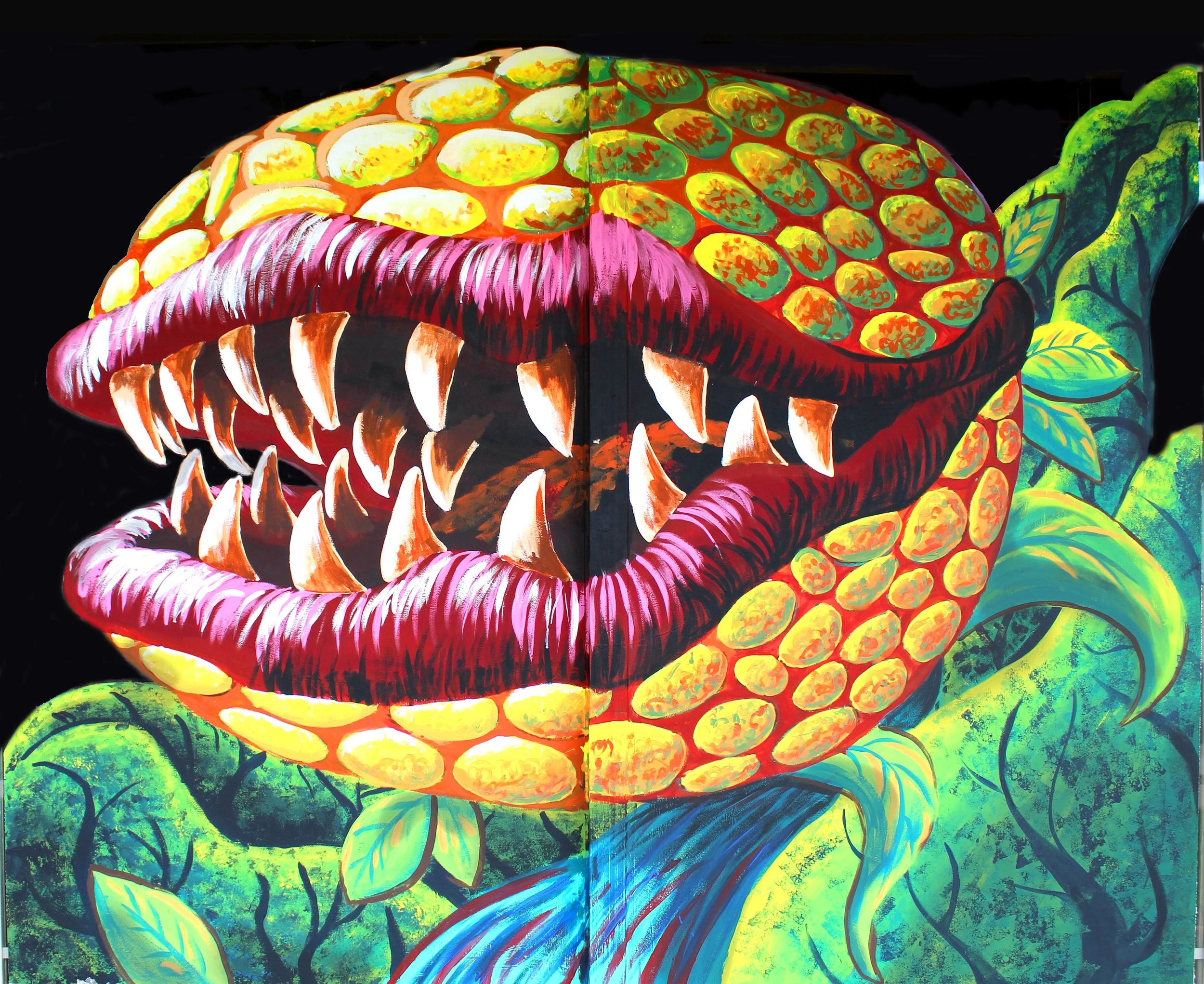 Bright and colorful artwork of a large dinosaur with sharp teeth and a patterned body, set against a vibrant green and blue background.