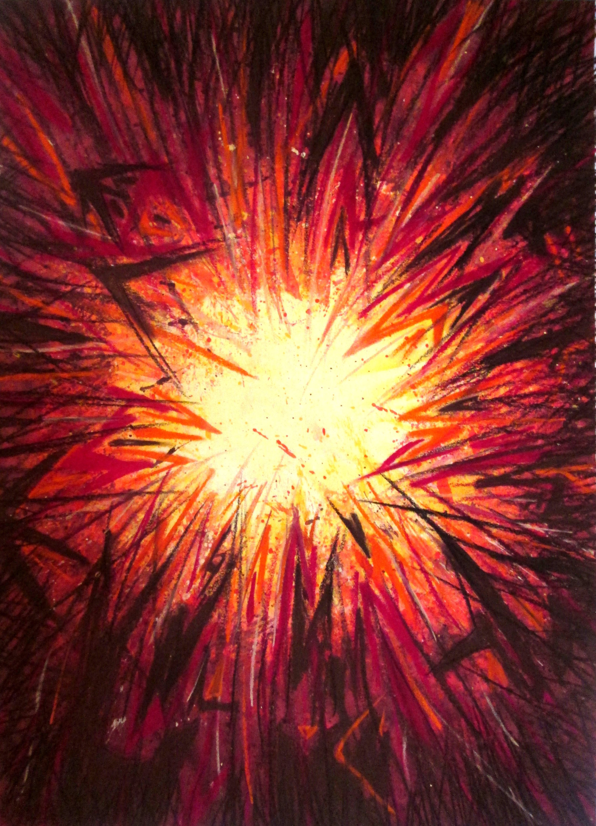 An abstract painting with vibrant red, orange, yellow, and black colors, depicting a fiery explosion or burst of energy.