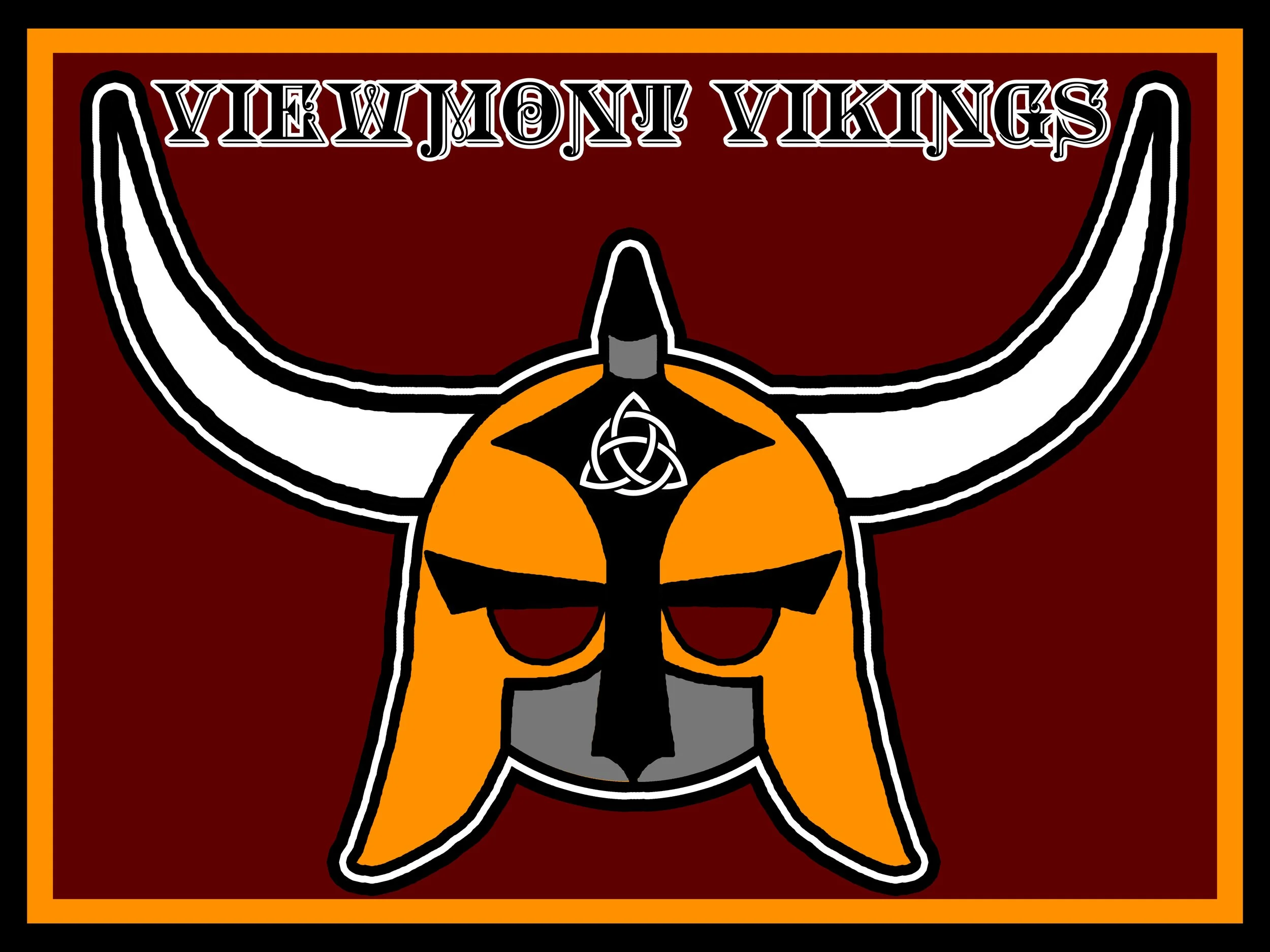 A graphic design featuring a Viking-style helmet with a triquetra symbol on the front, set against a dark red background with an orange border, and the text 'Viking Warriors' in a stylized font at the top.